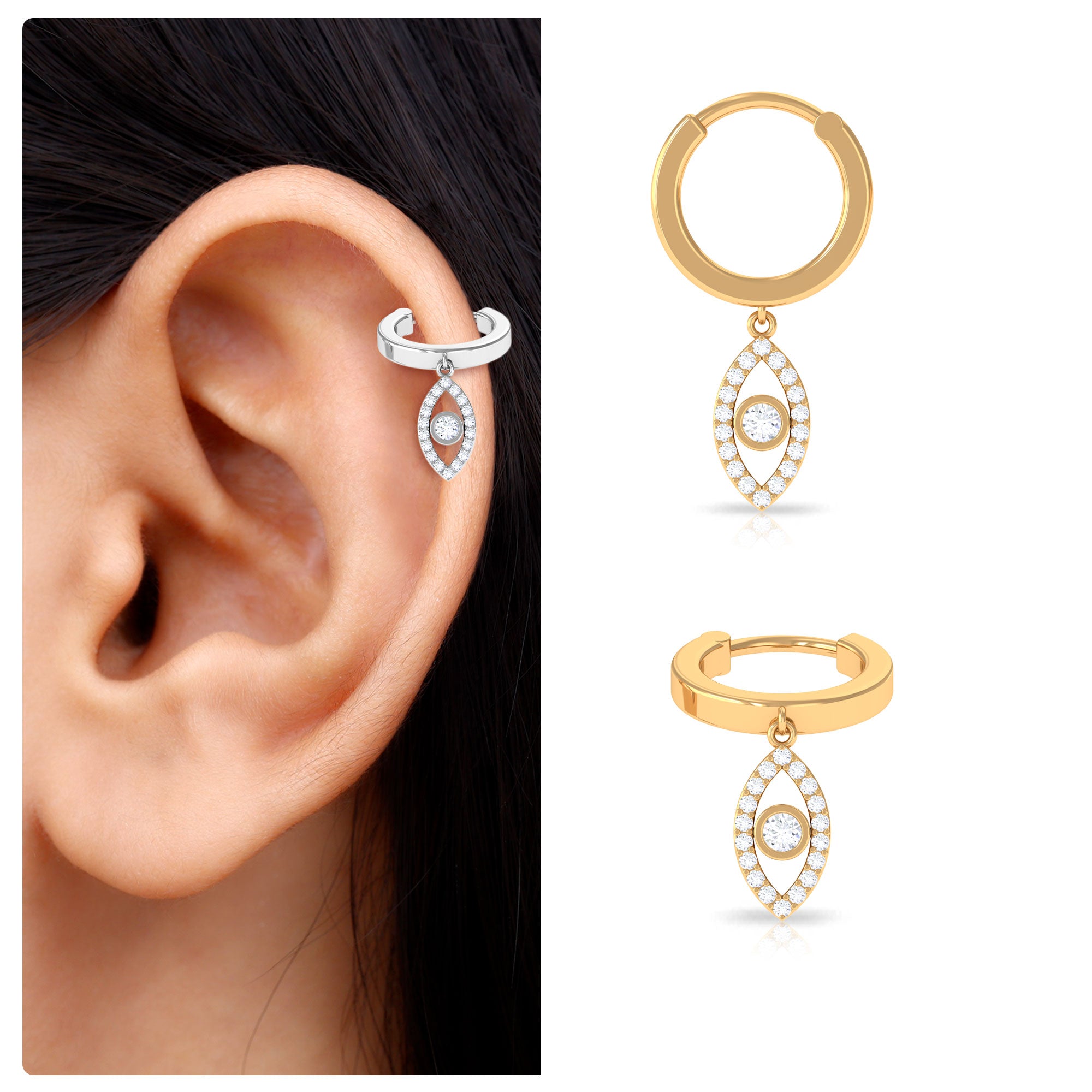 Rosec Jewels-Natural Diamond Evil Eye Dangling Helix Hoop Earring