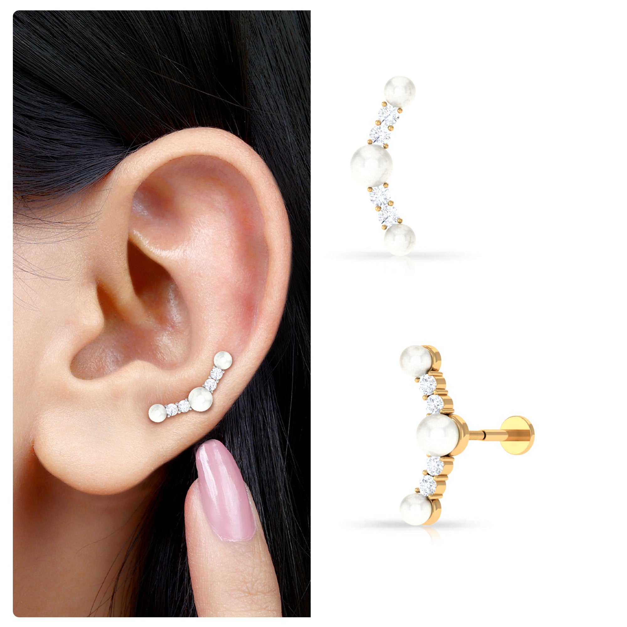 Rosec Jewels-Round Freshwater Pearl and Moissanite Crawler Earring