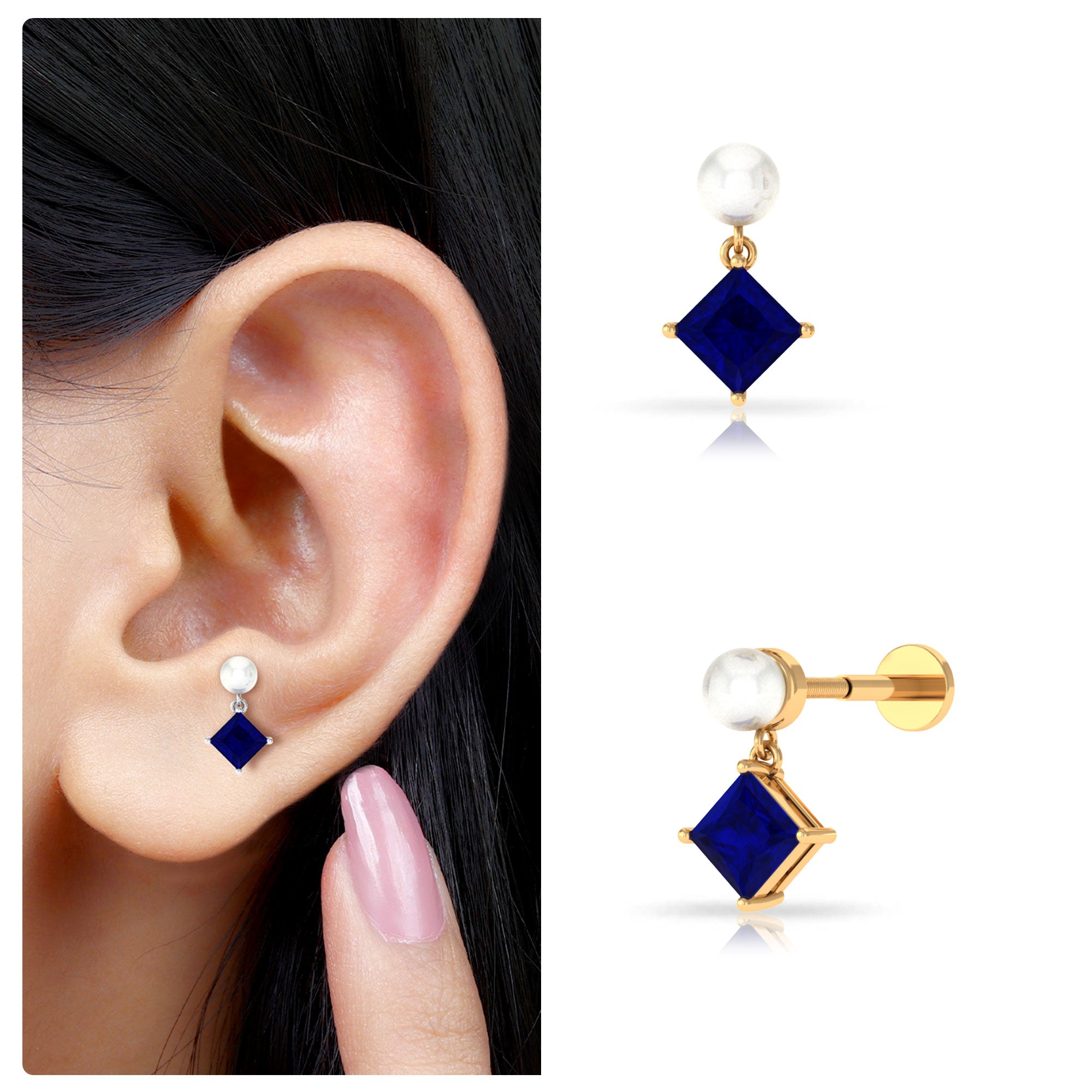 Rosec Jewels-Created Blue Sapphire and Freshwater Pearl Cartilage Earring