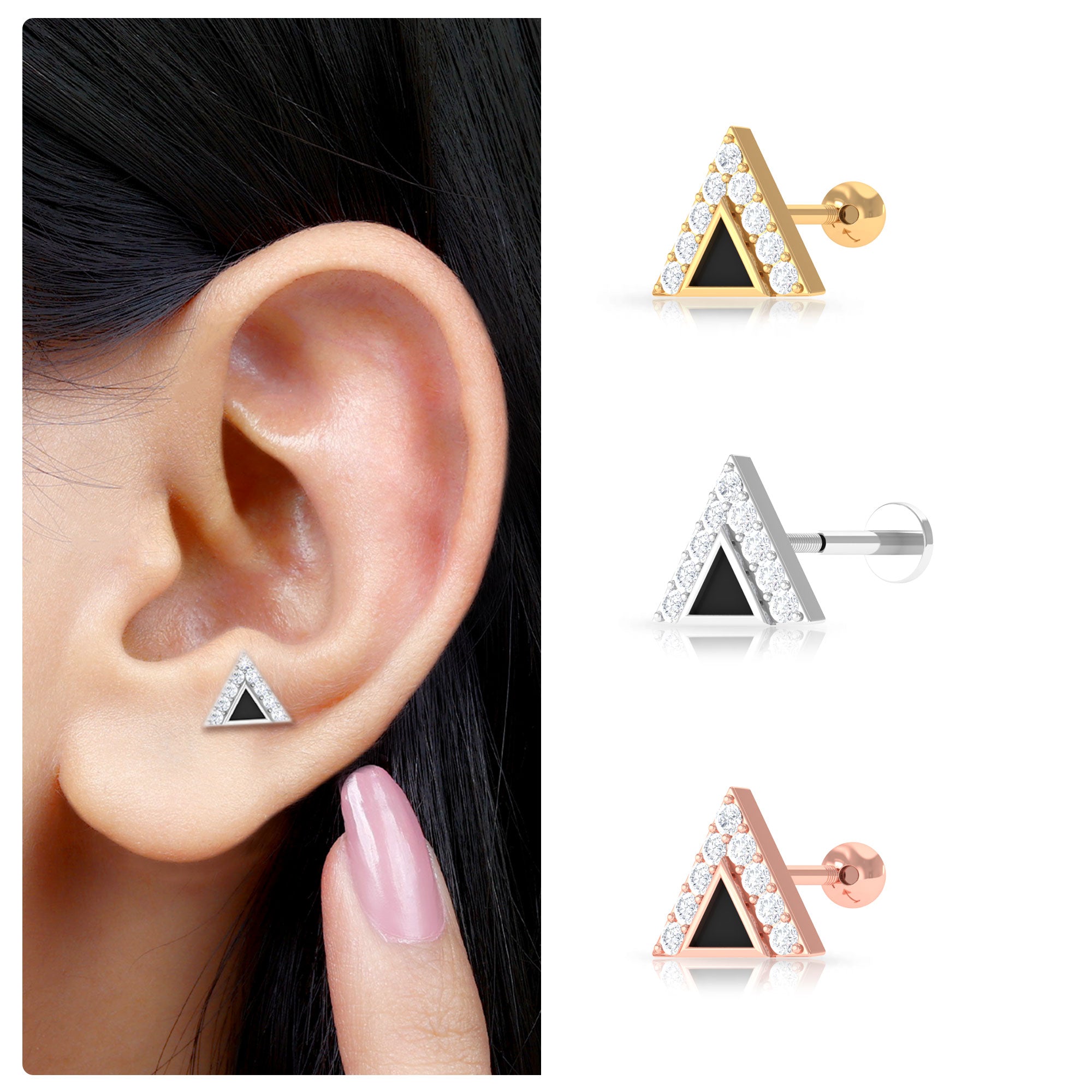 Rosec Jewels-Moissanite and Black Enamel Triangle Cartilage Earring