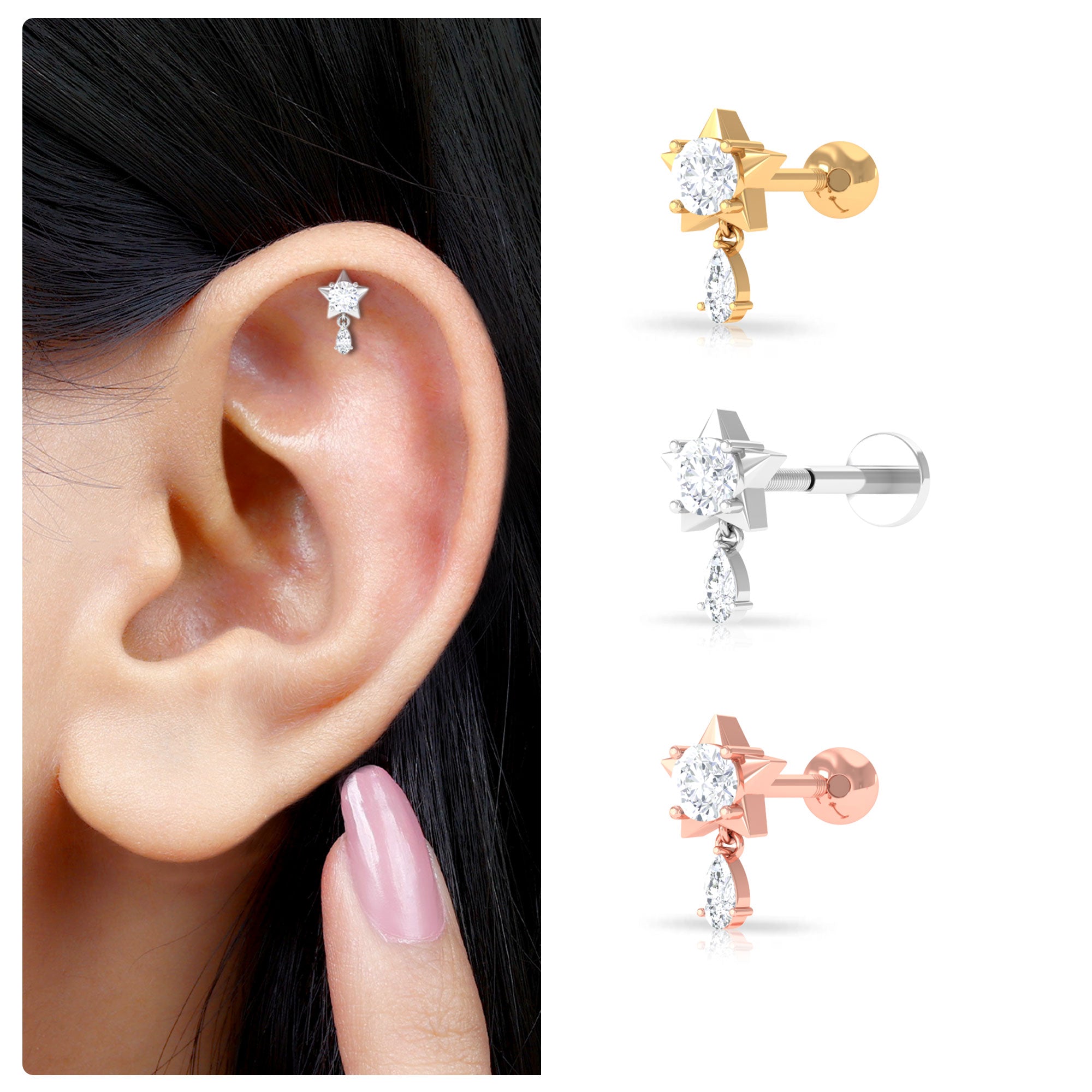 Rosec Jewels-Unique Moissanite Star Drop Earring for Cartilage Piercing