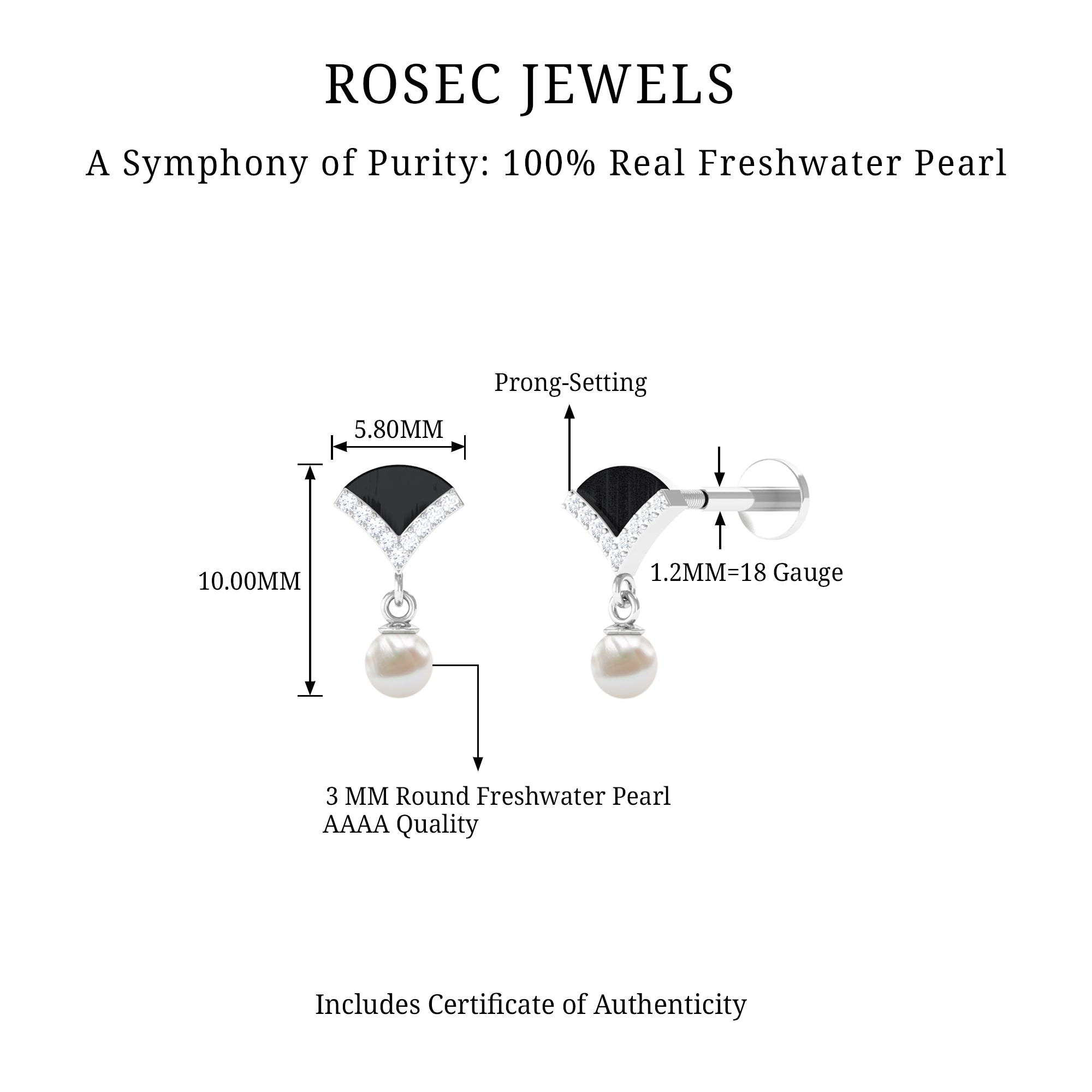 Rosec Jewels-Elegant Diamond and Freshwater Pearl Drop Earring with Black Enamel