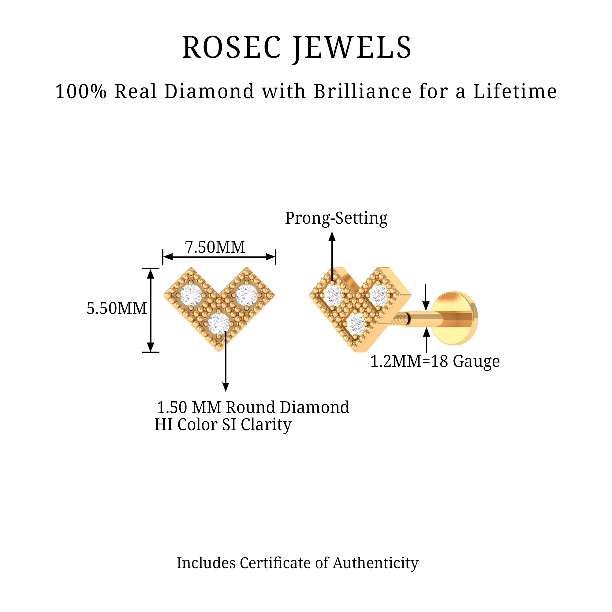 Rosec Jewels-Round Diamond Gold Beaded V Shape Earring