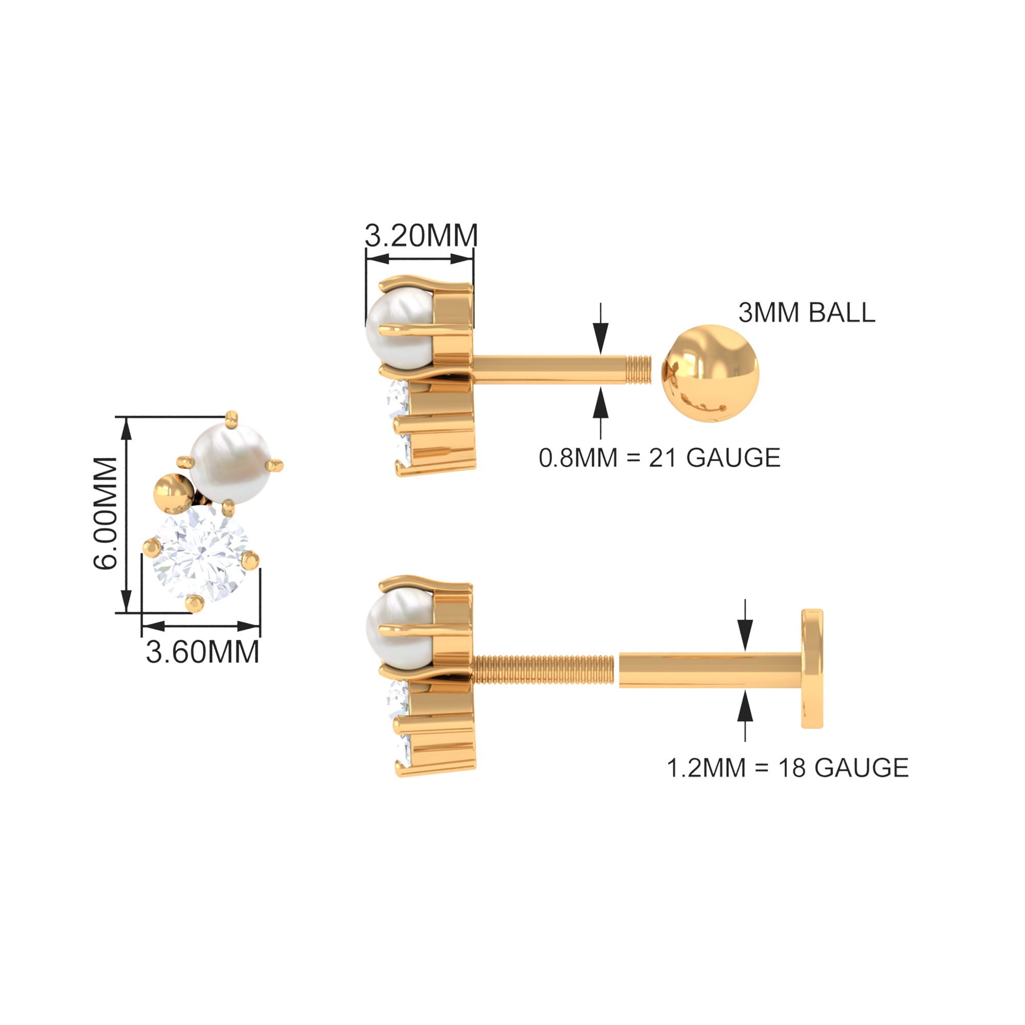 Tiny Freshwater Pearl and Moissanite Two Stone Tragus Earring Freshwater Pearl - ( AAA ) - Quality - Rosec Jewels