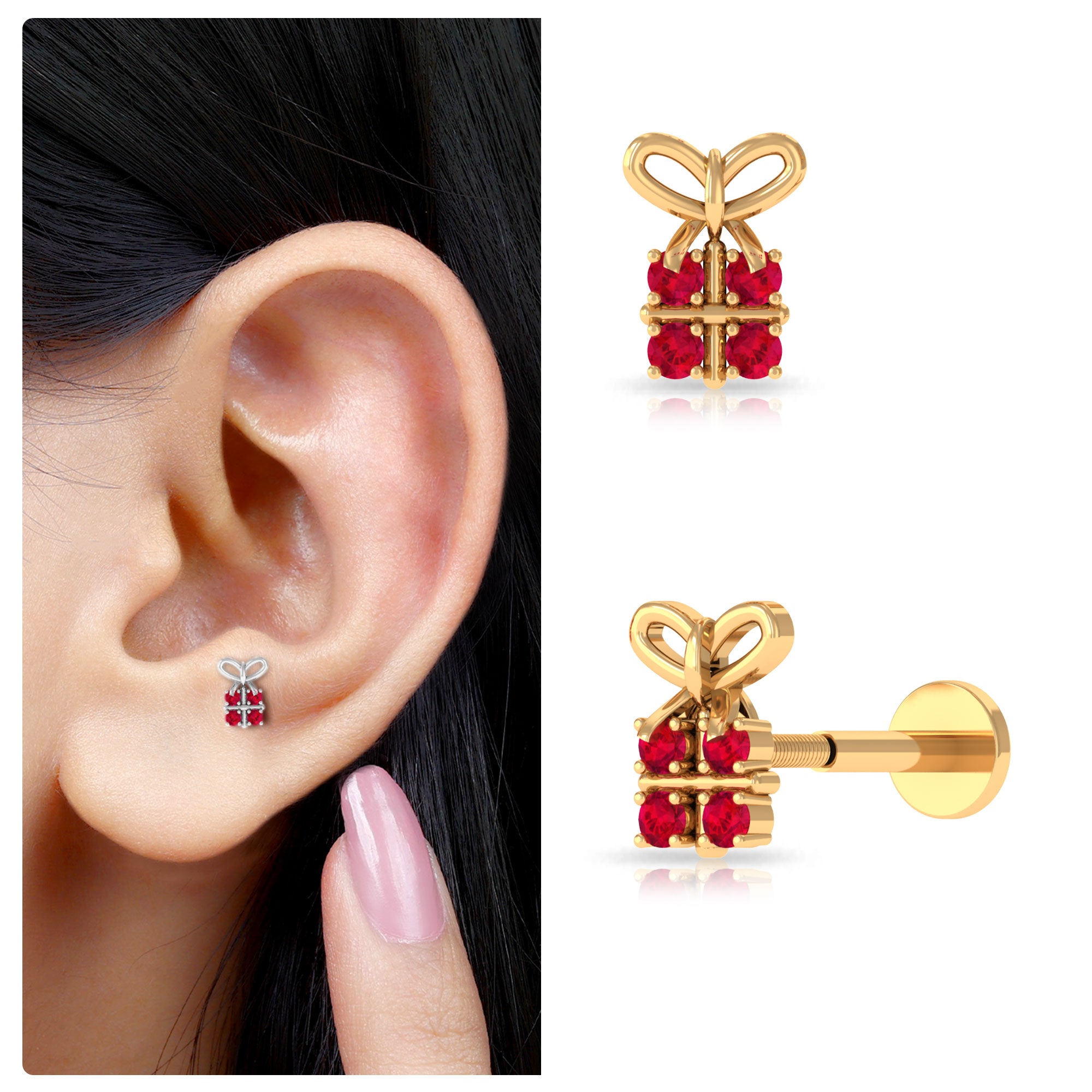 Rosec Jewels-Adorable Created Ruby Gift Box Helix Earring with Gold Bow