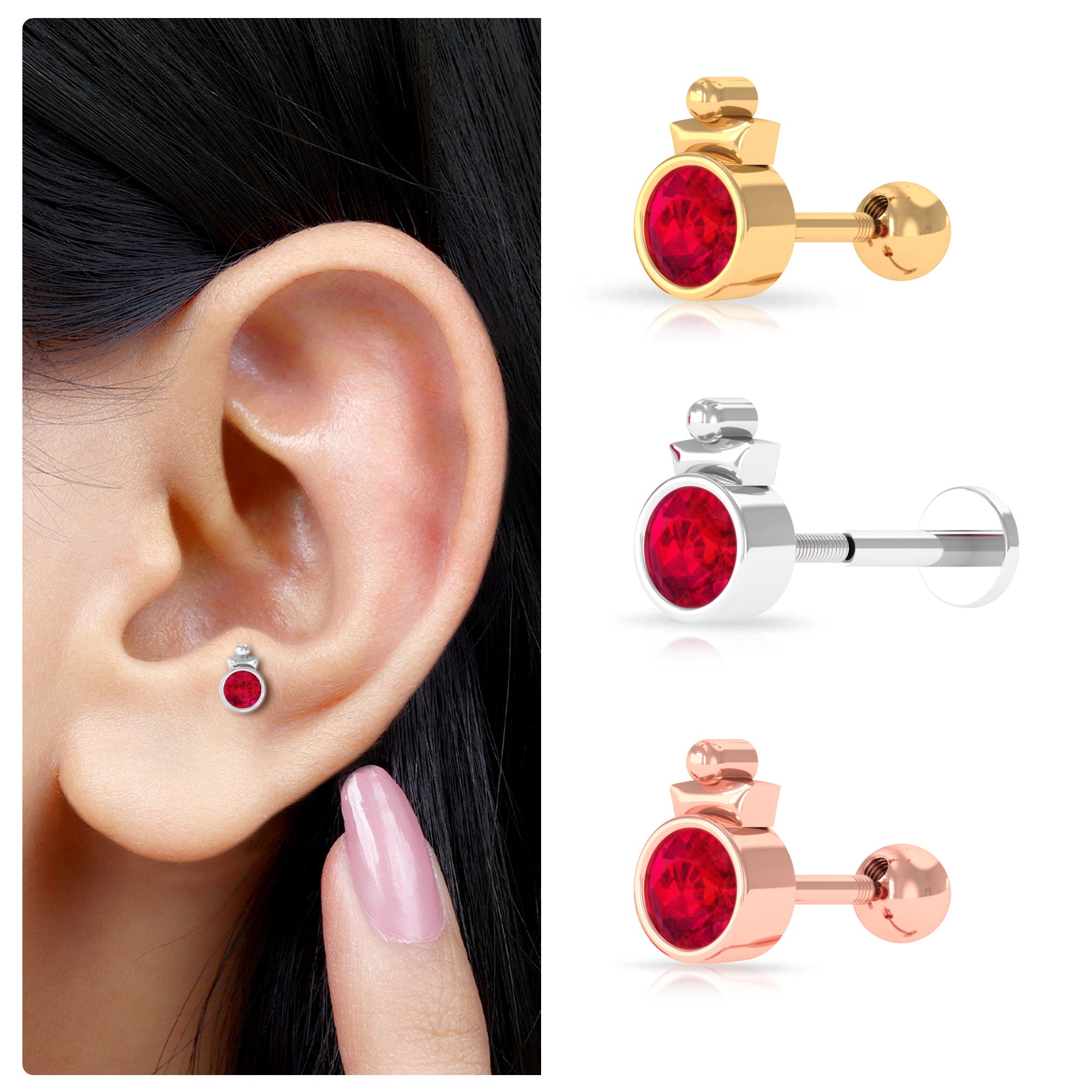 Rosec Jewels-Simple Bezel Set Red Ruby Solitaire Tragus Earring