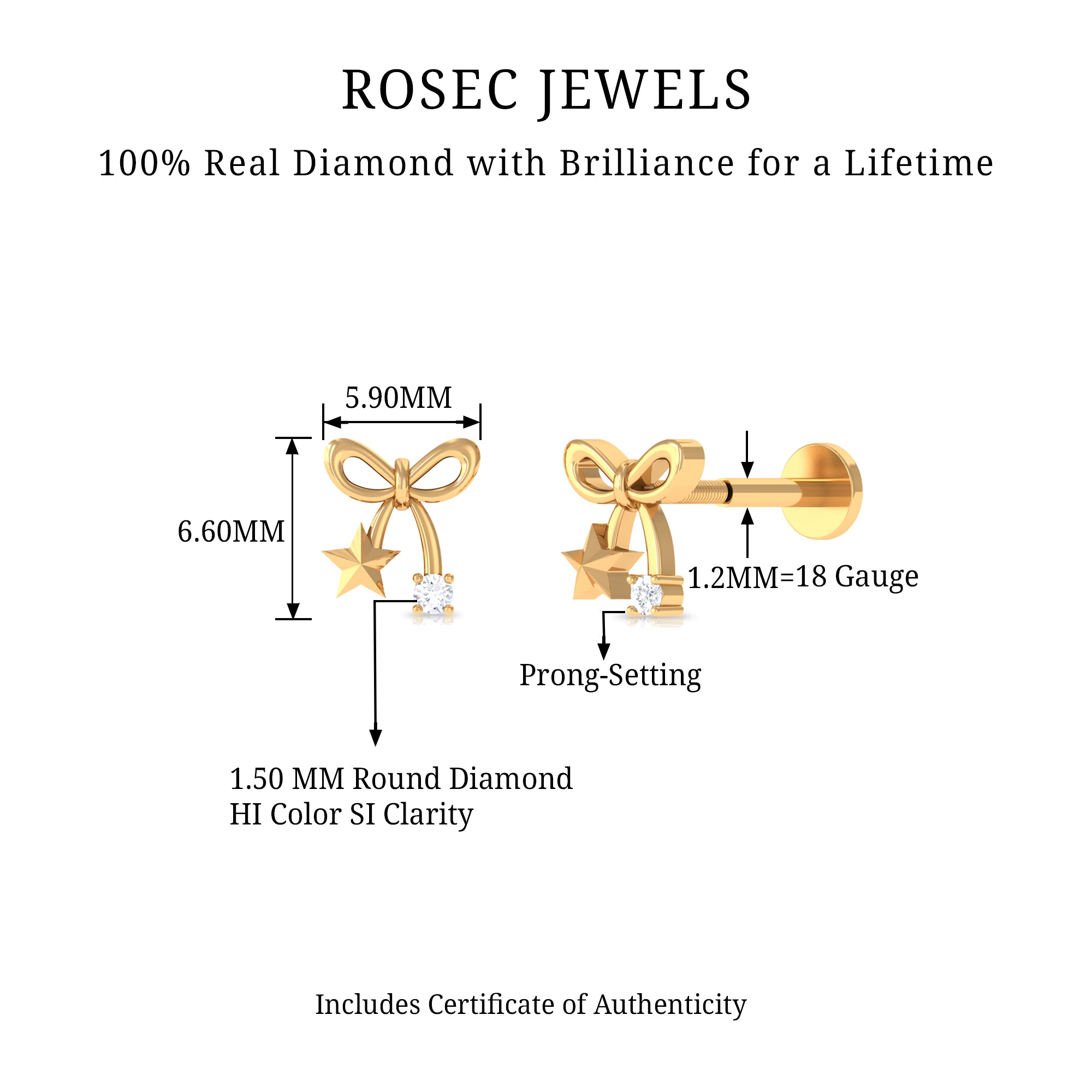 Rosec Jewels-Natural Diamond Bow Cartilage Earring with Star