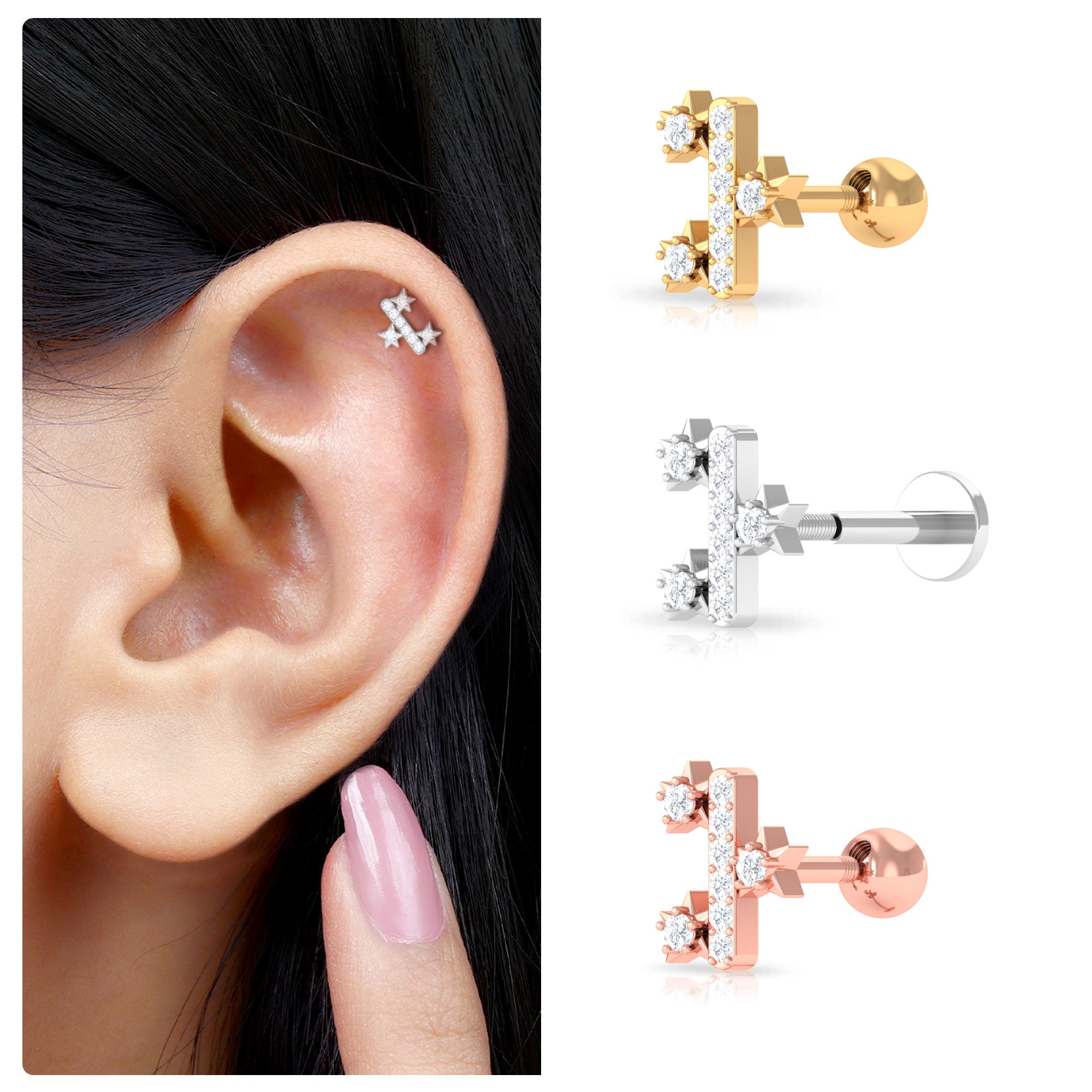 Rosec Jewels-Real Round Cut Moissanite Star Tragus Earring