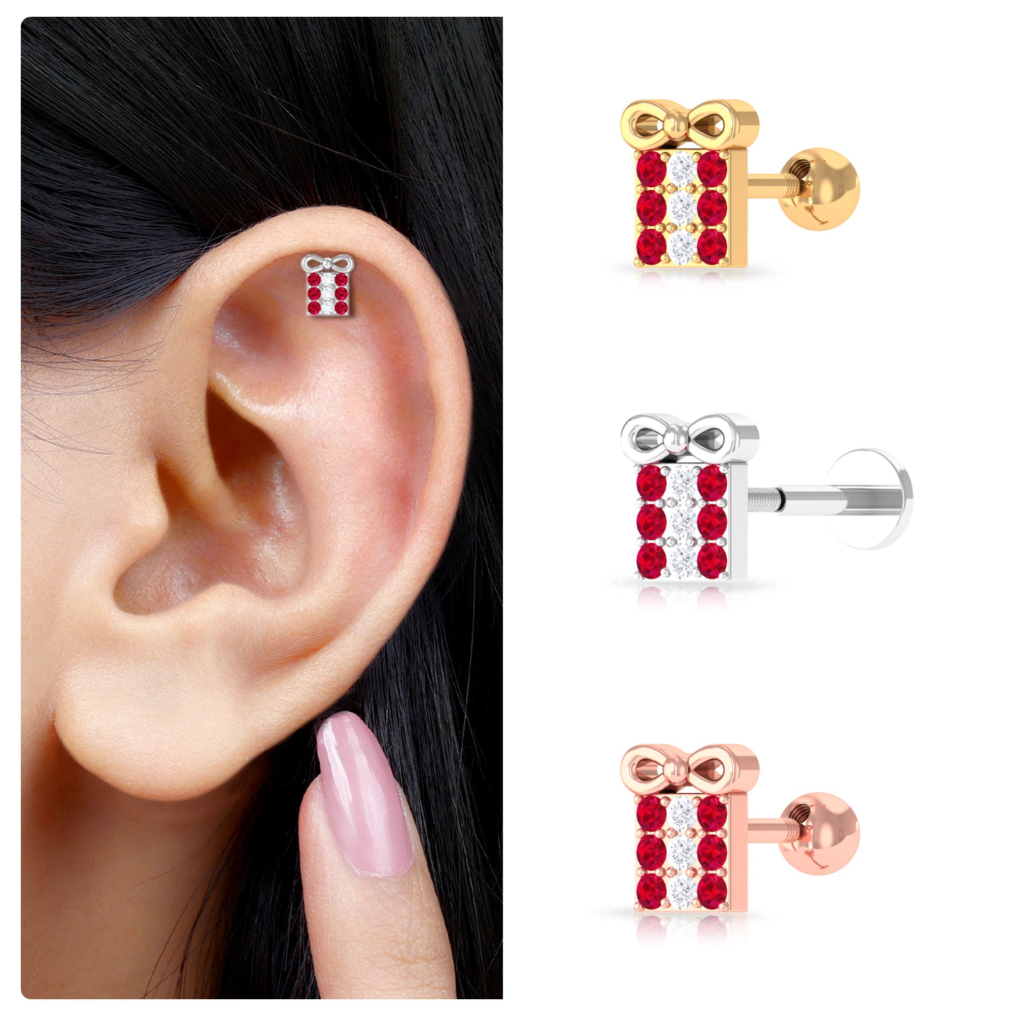 Rosec Jewels-Ruby Christmas Gift Box Earring with Diamond