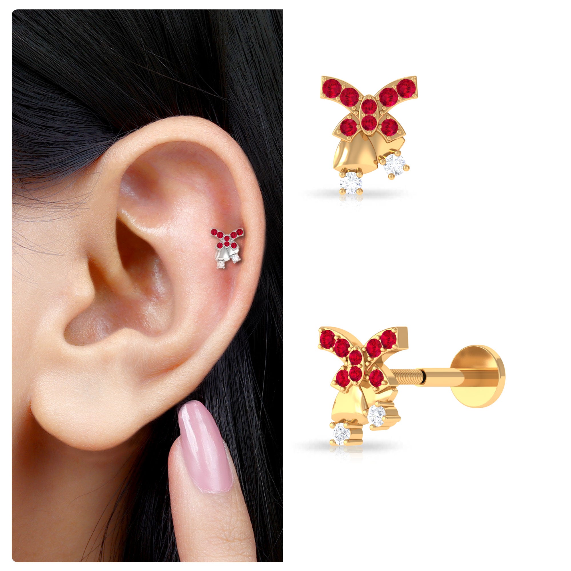 Rosec Jewels-Unique Ruby Christmas Bell Earring with Moissanite