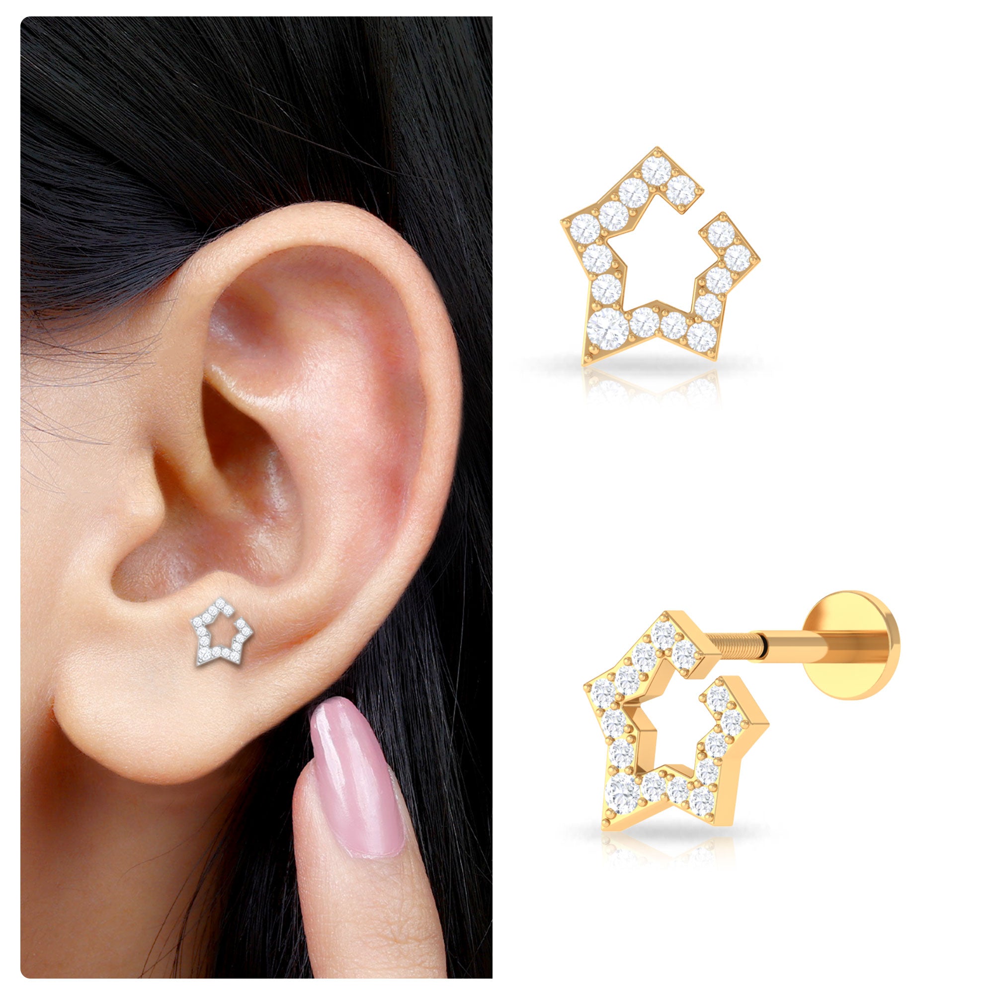 Rosec Jewels-Moissanite Gold Star Unique Helix Earring in Pave Setting