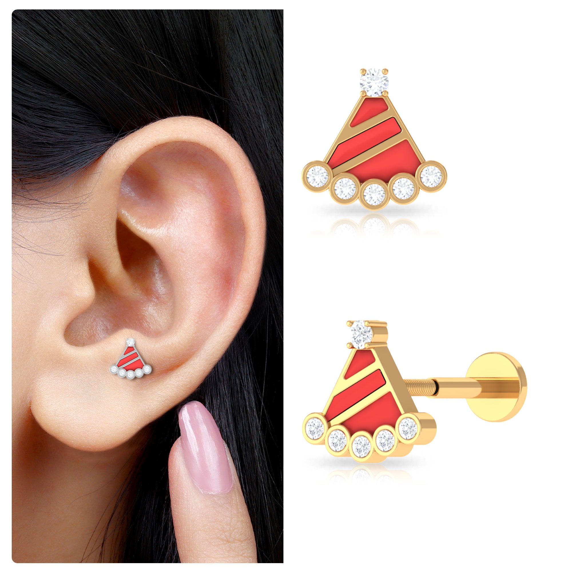 Rosec Jewels-Christmas Diamond Santa Hat Earring with Red Enamel