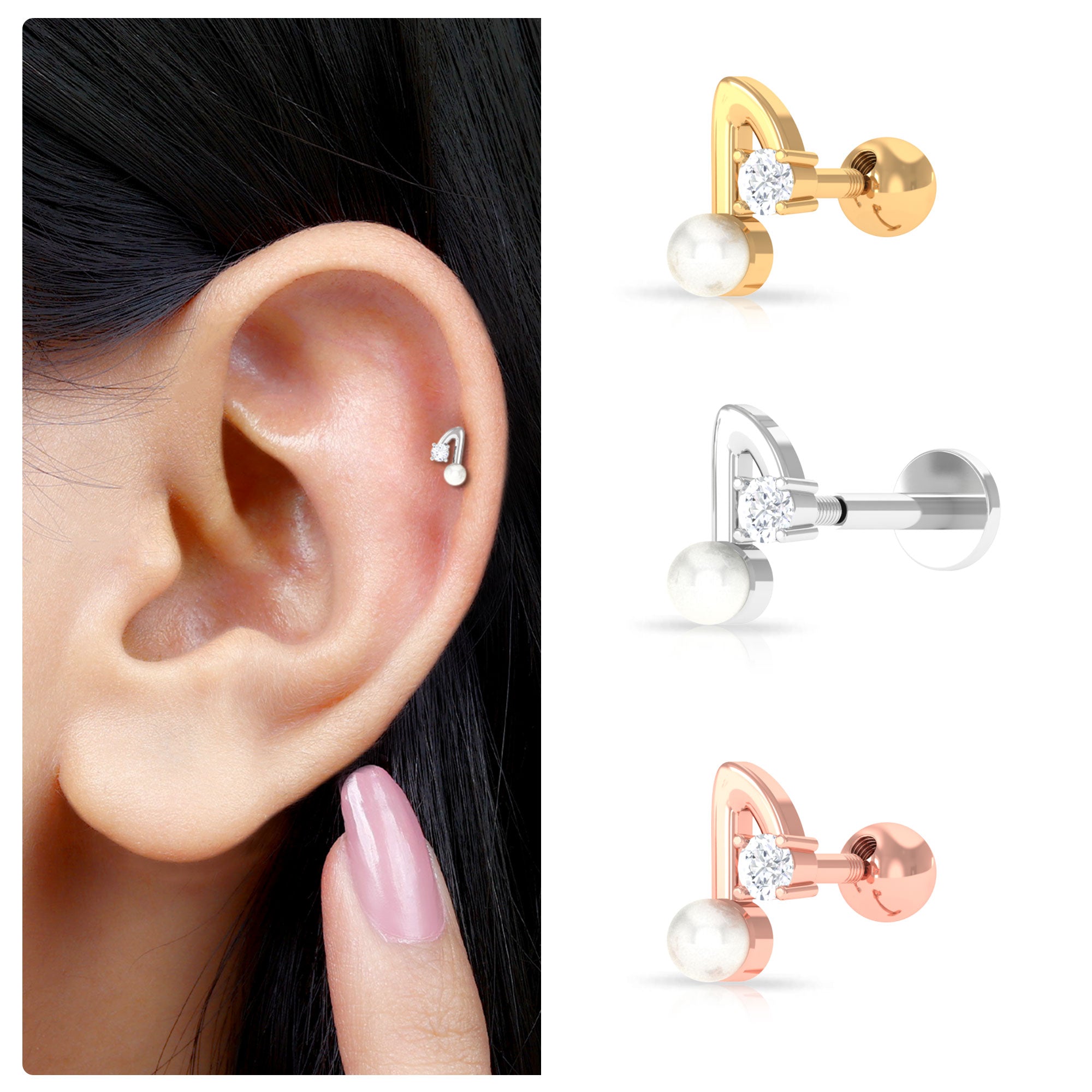 Rosec Jewels-Natural Freshwater Pearl Music Note Helix Earring with Diamond