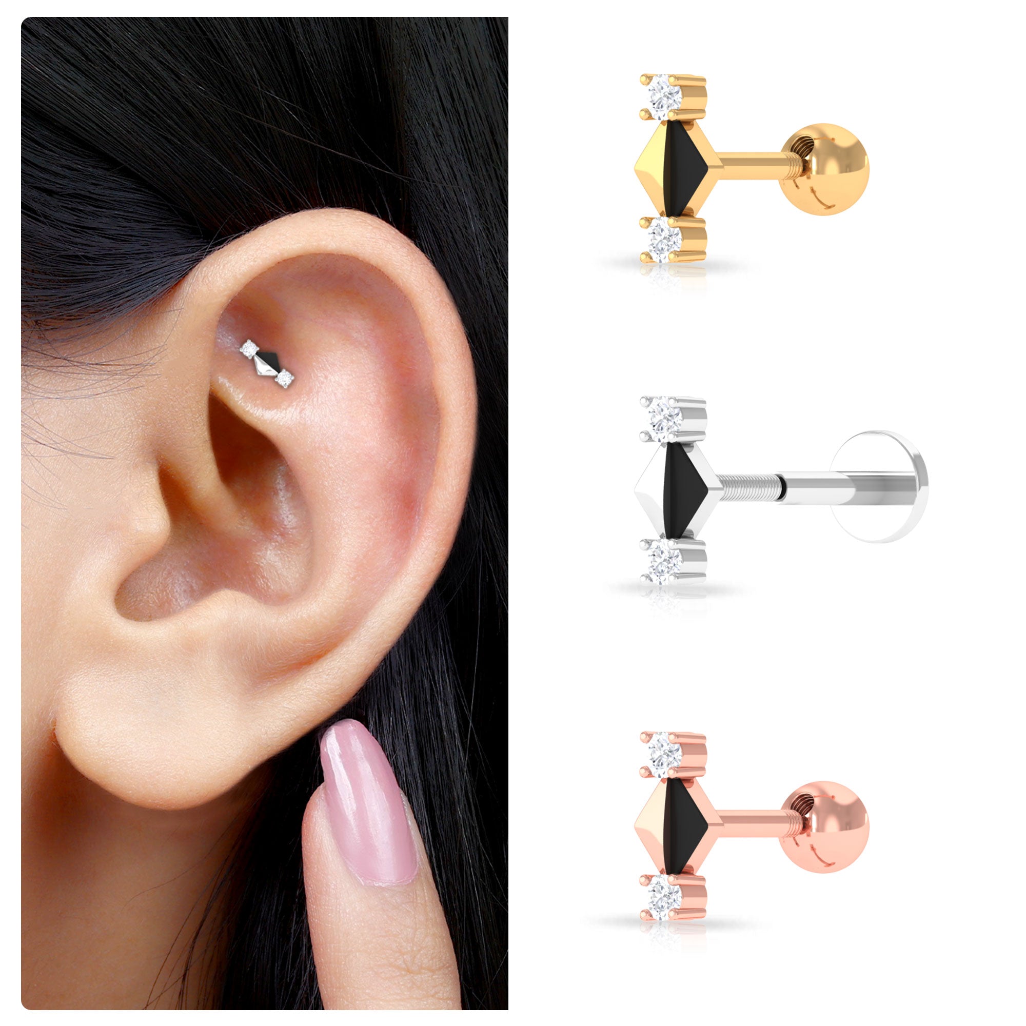 Rosec Jewels-Real Diamond Quirky Tragus Earring with Black Enamel