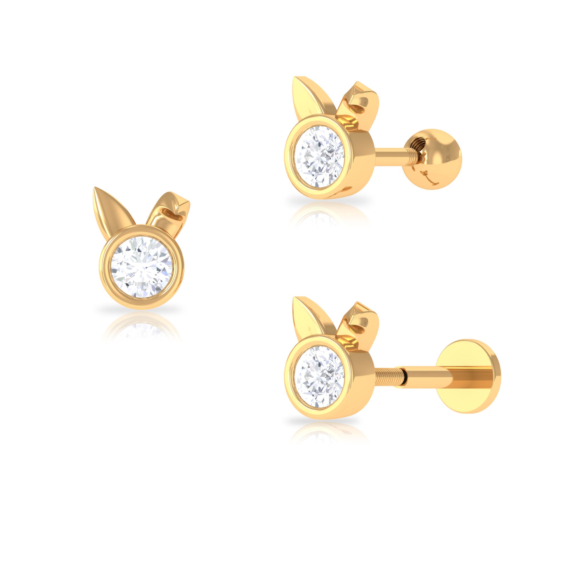 Rosec Jewels-Cute Moissanite Solitaire Bunny Earring in Bezel Setting