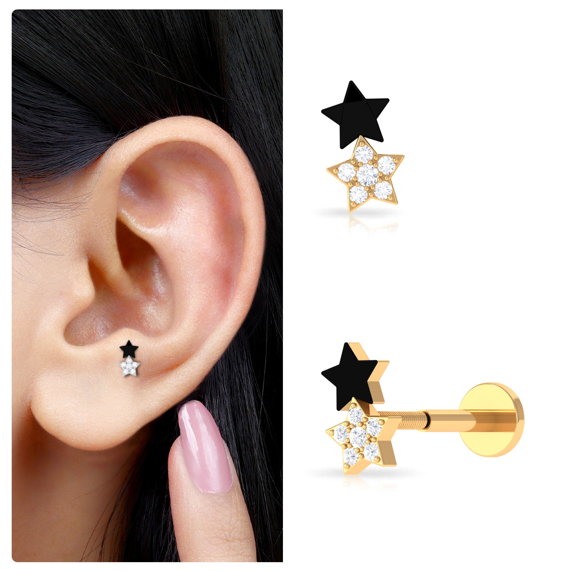 Rosec Jewels-Unique Diamond Star Cartilage Earring with Black Enamel