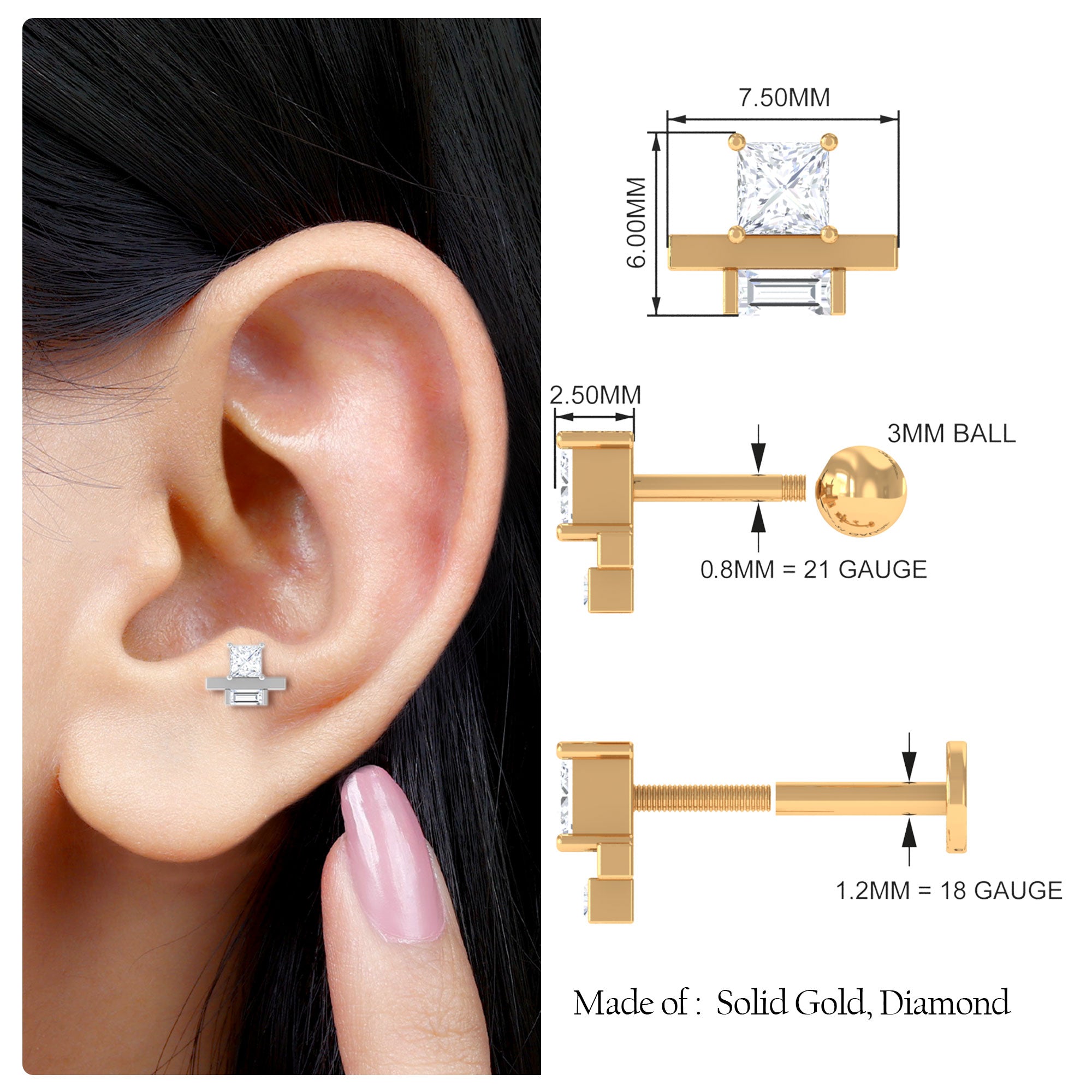 Rosec Jewels-Minimalist Princess Cut Moissanite Cartilage Earring