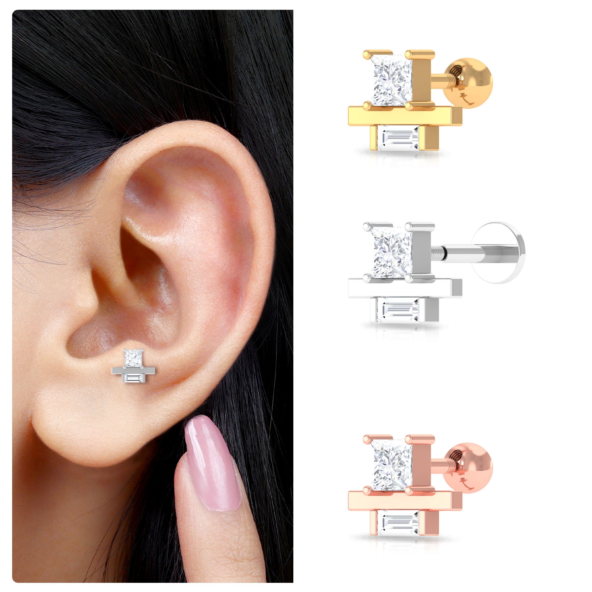 Rosec Jewels-Minimalist Princess Cut Moissanite Cartilage Earring