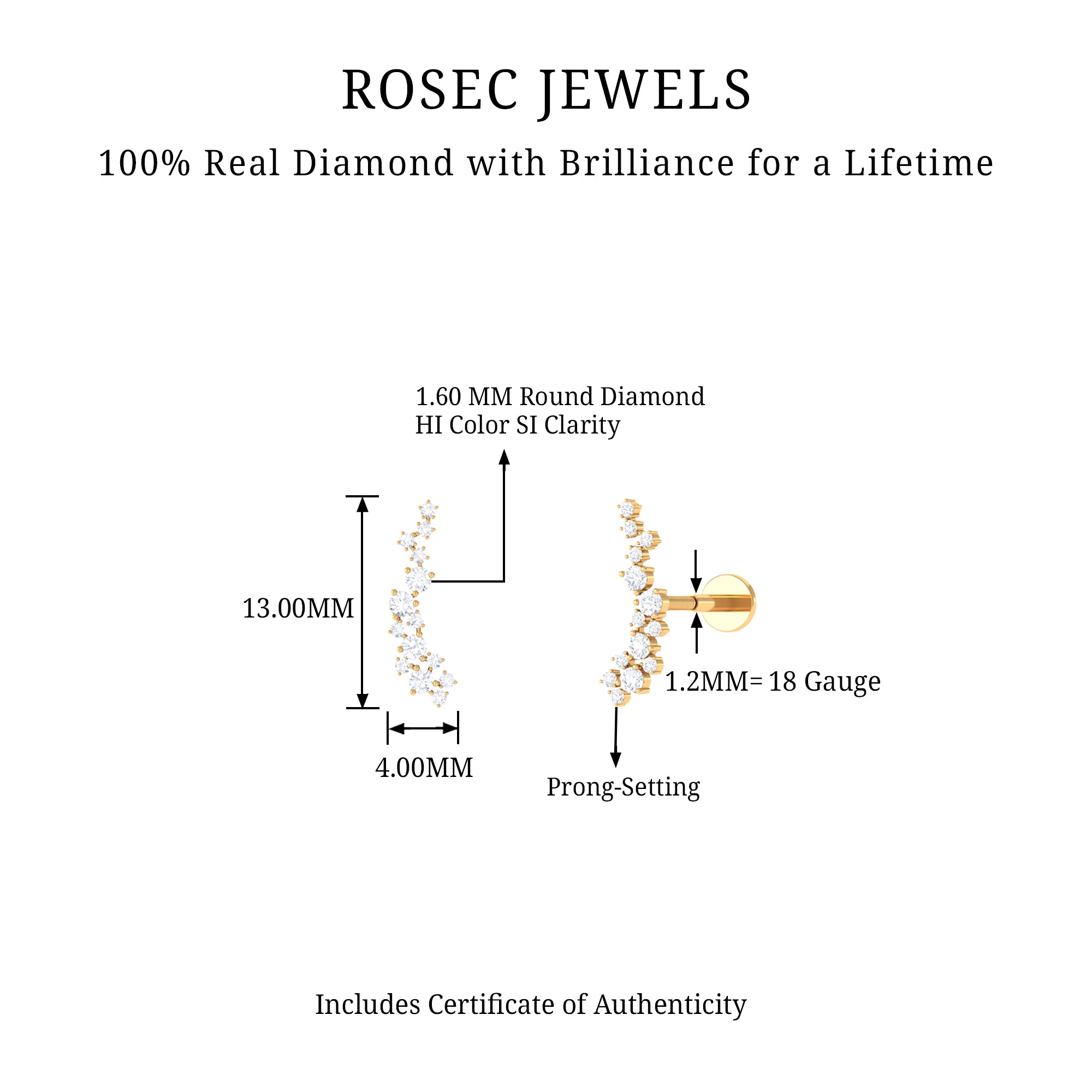 Rosec Jewels-Genuine Diamond Crawler Earring for Helix Piercing