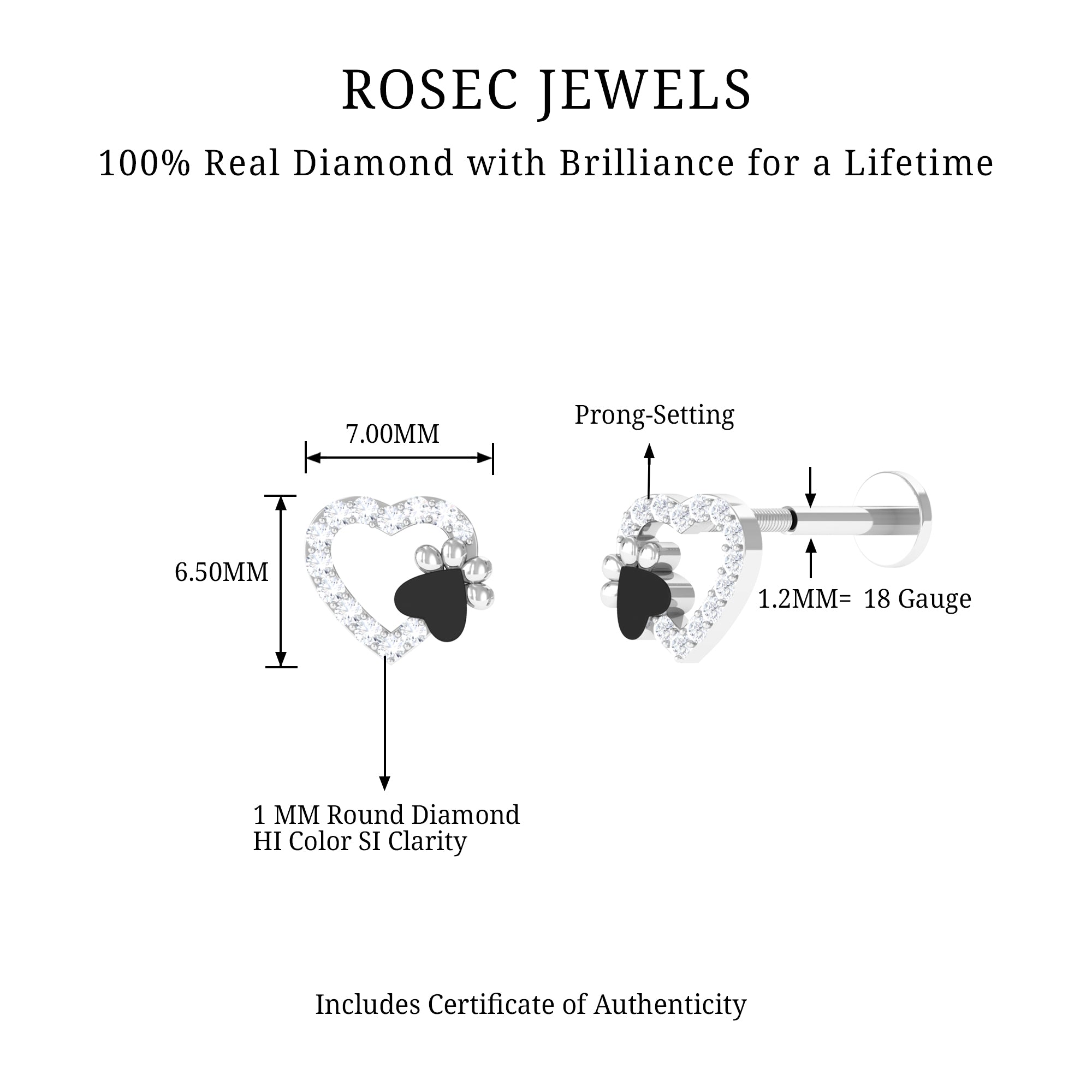 Rosec Jewels-Real Diamond Dog Paw Heart Earring with Black Enamel