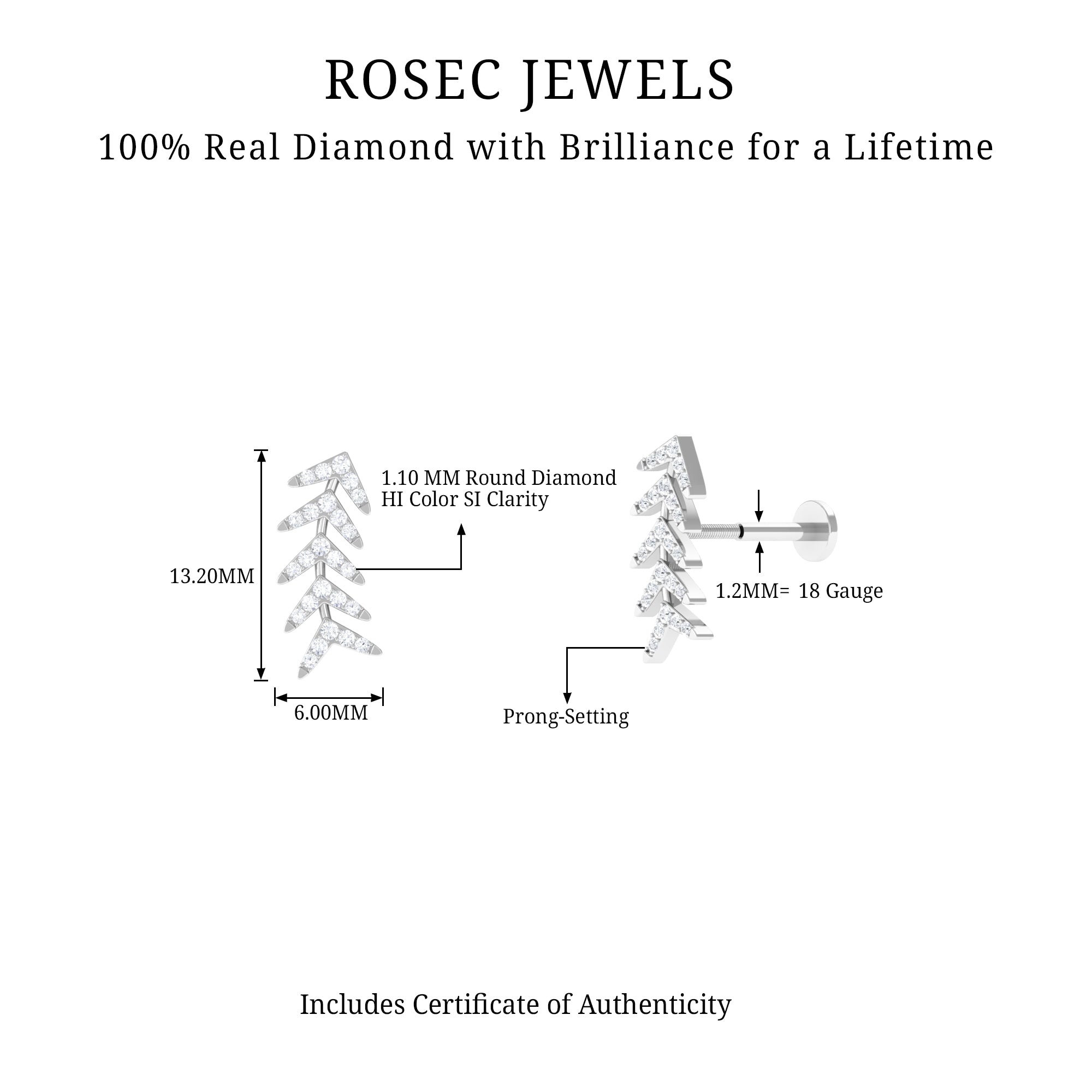 Rosec Jewels-Natural Diamond Leaf Crawler Earring for Helix Piercing