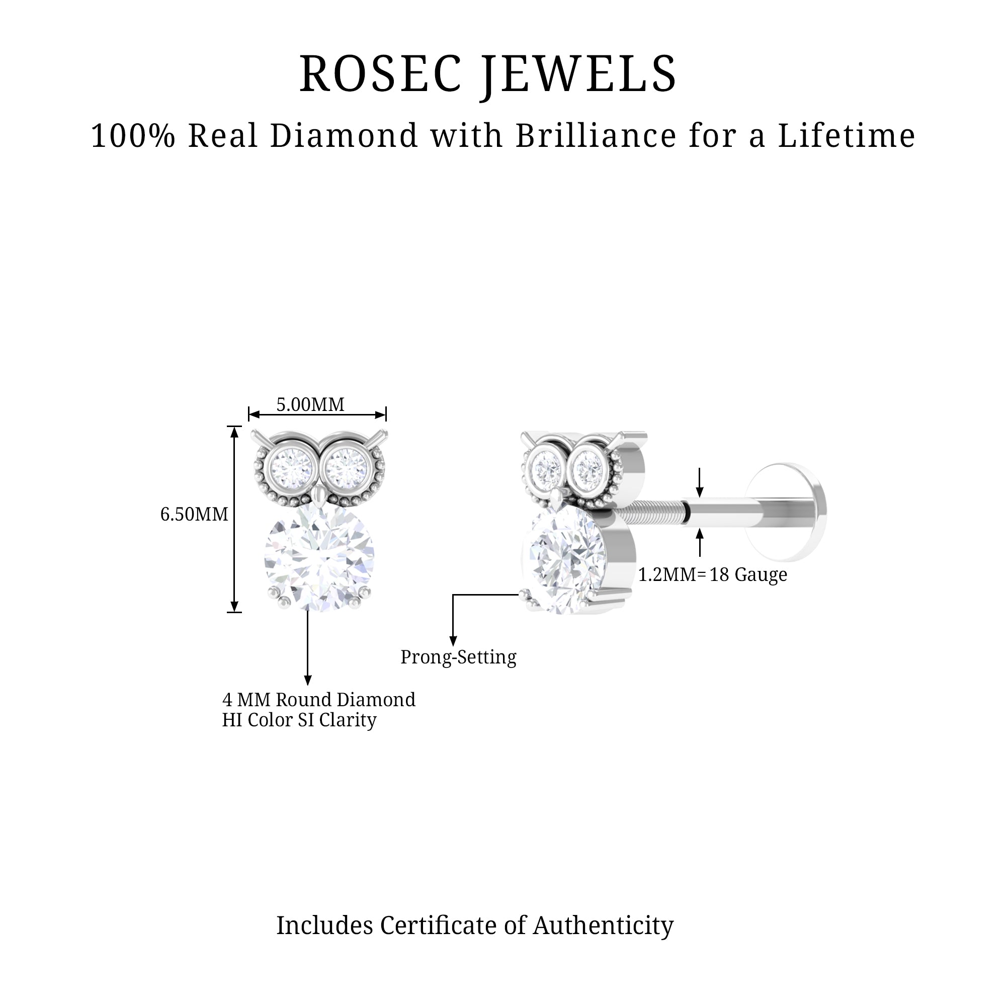 Rosec Jewels-Genuine Diamond Owl Earring for Cartilage Piercing