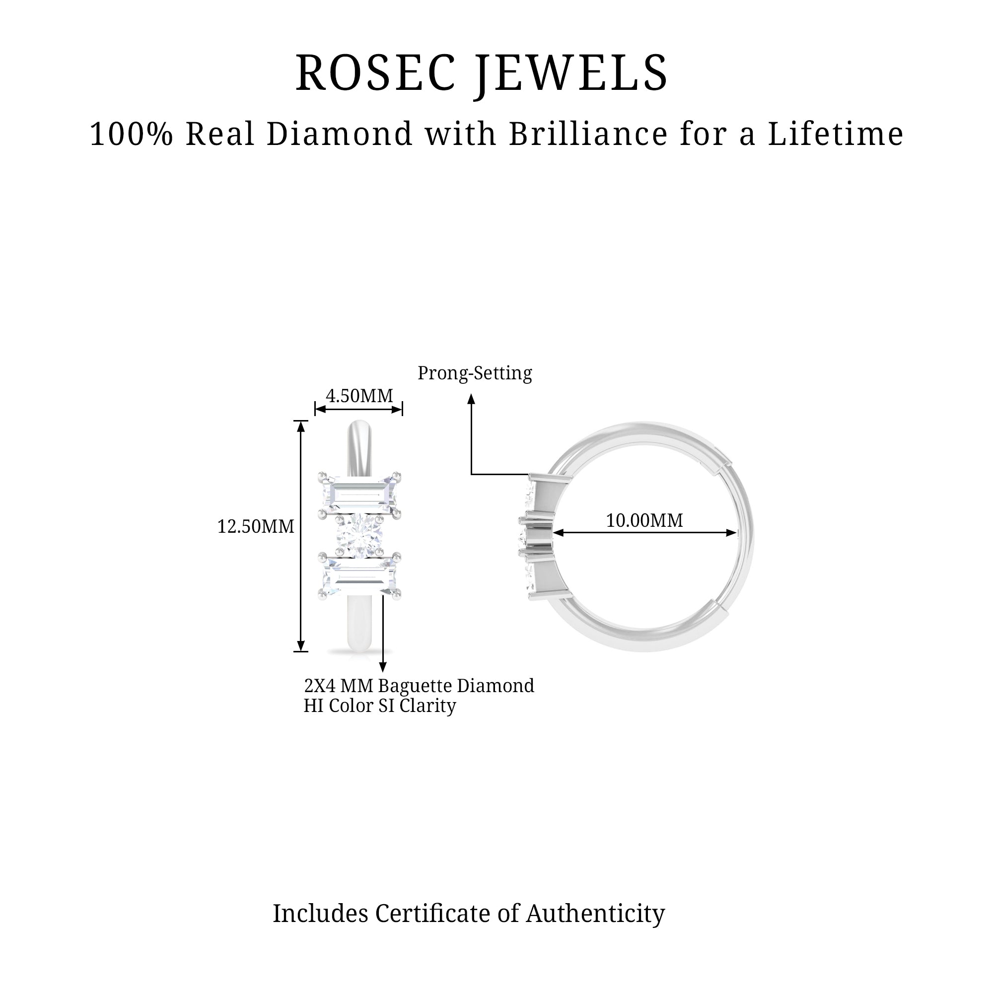 Rosec Jewels-Baguette Diamond Three Stone Hoop for Conch Piercing