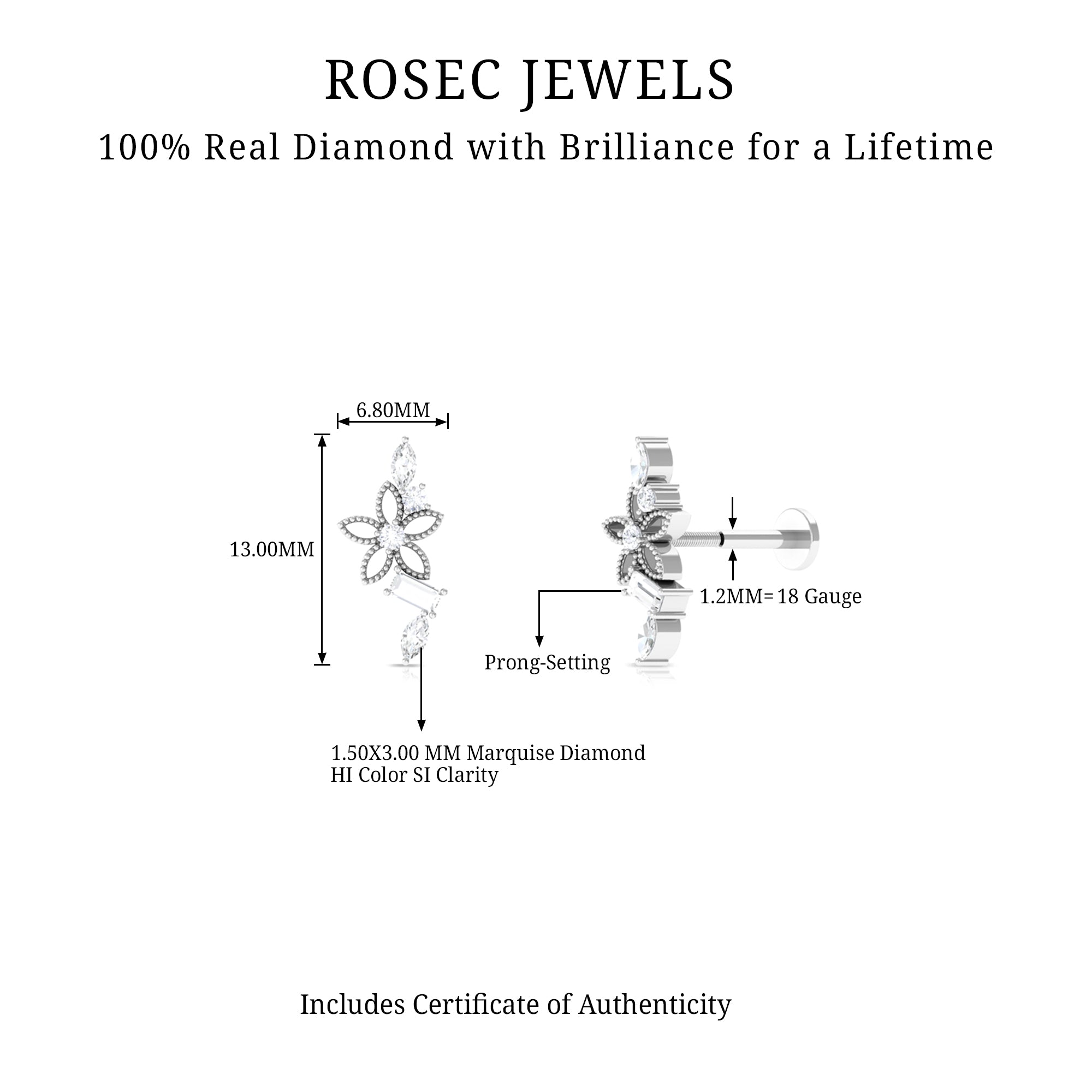 Rosec Jewels-Real Diamond Flower Crawler Earring for Helix Piercing