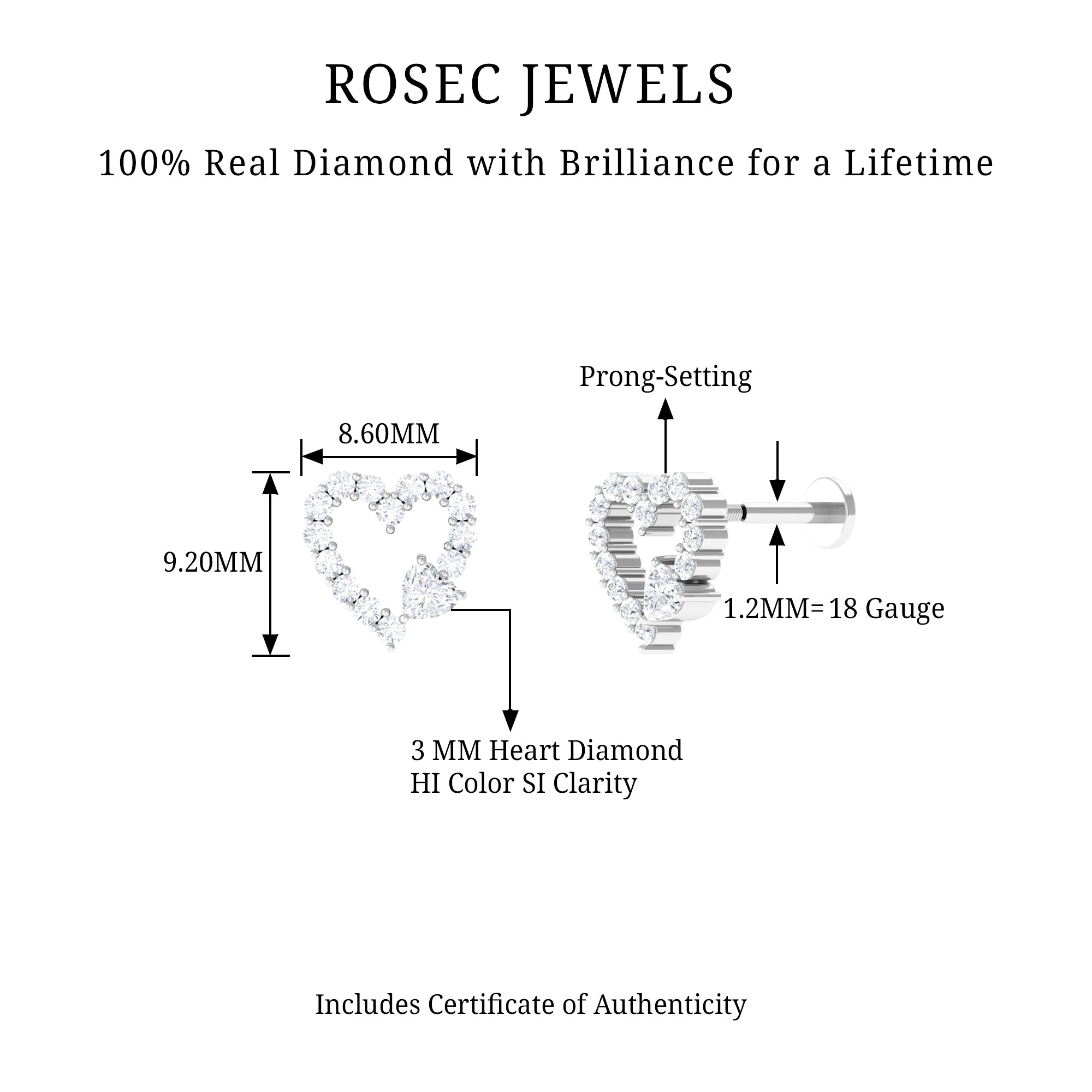 Rosec Jewels-Natural Diamond Open Heart Earring for Second Hole Piercing