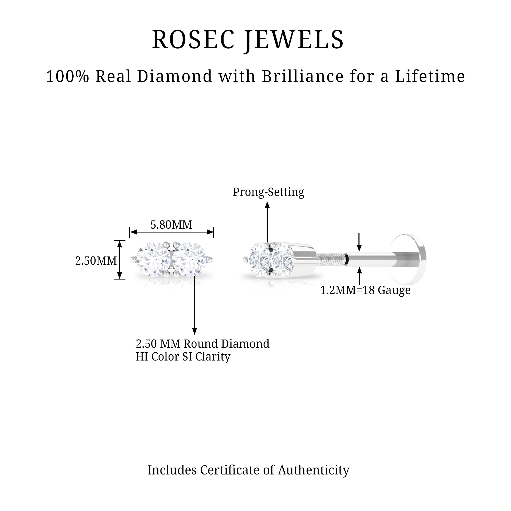 Rosec Jewels-Genuine Diamond Two Stone Earring for Tragus Piercing