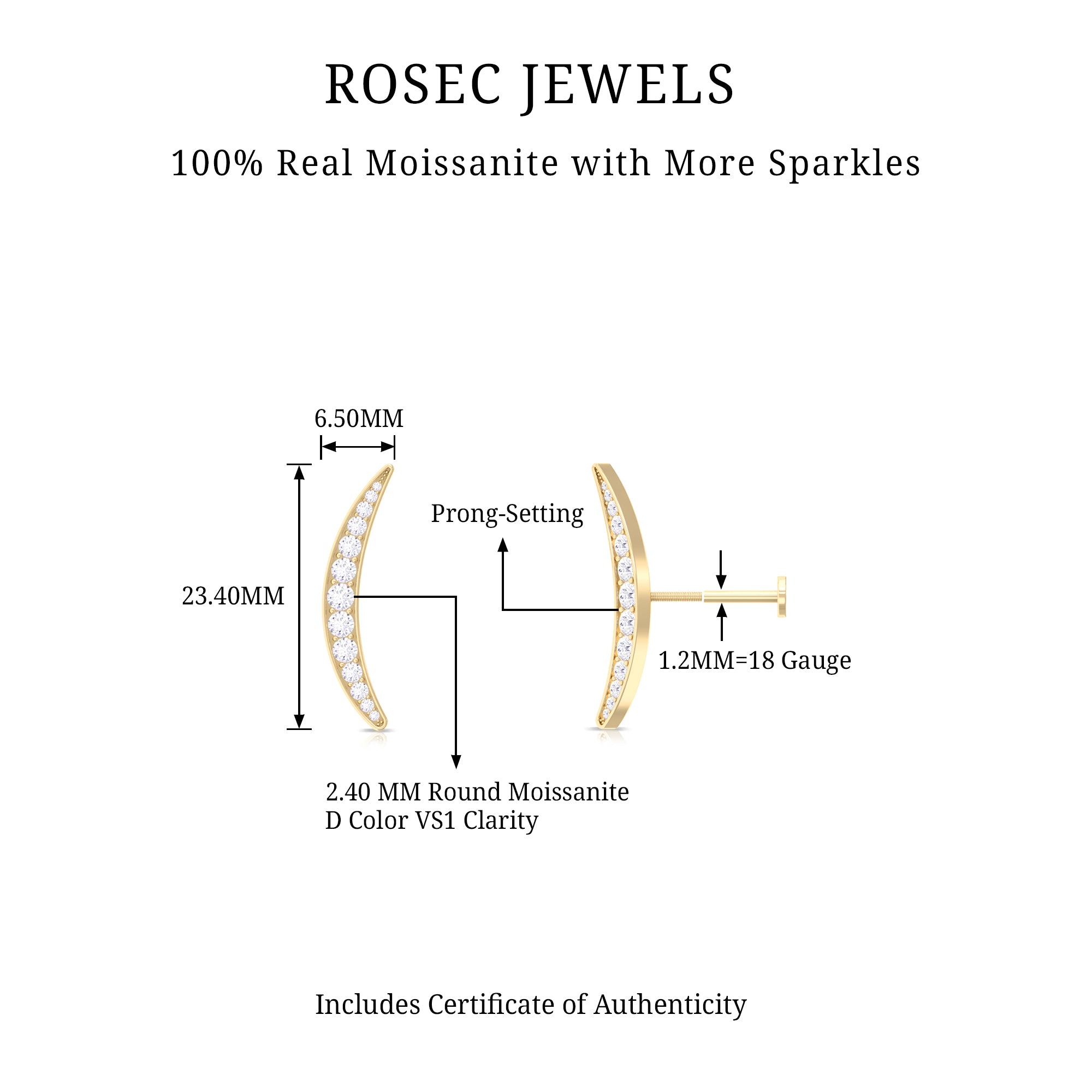 Rosec Jewels-Simple Moissanite Curved Crawler Earring for Cartilage Piercing