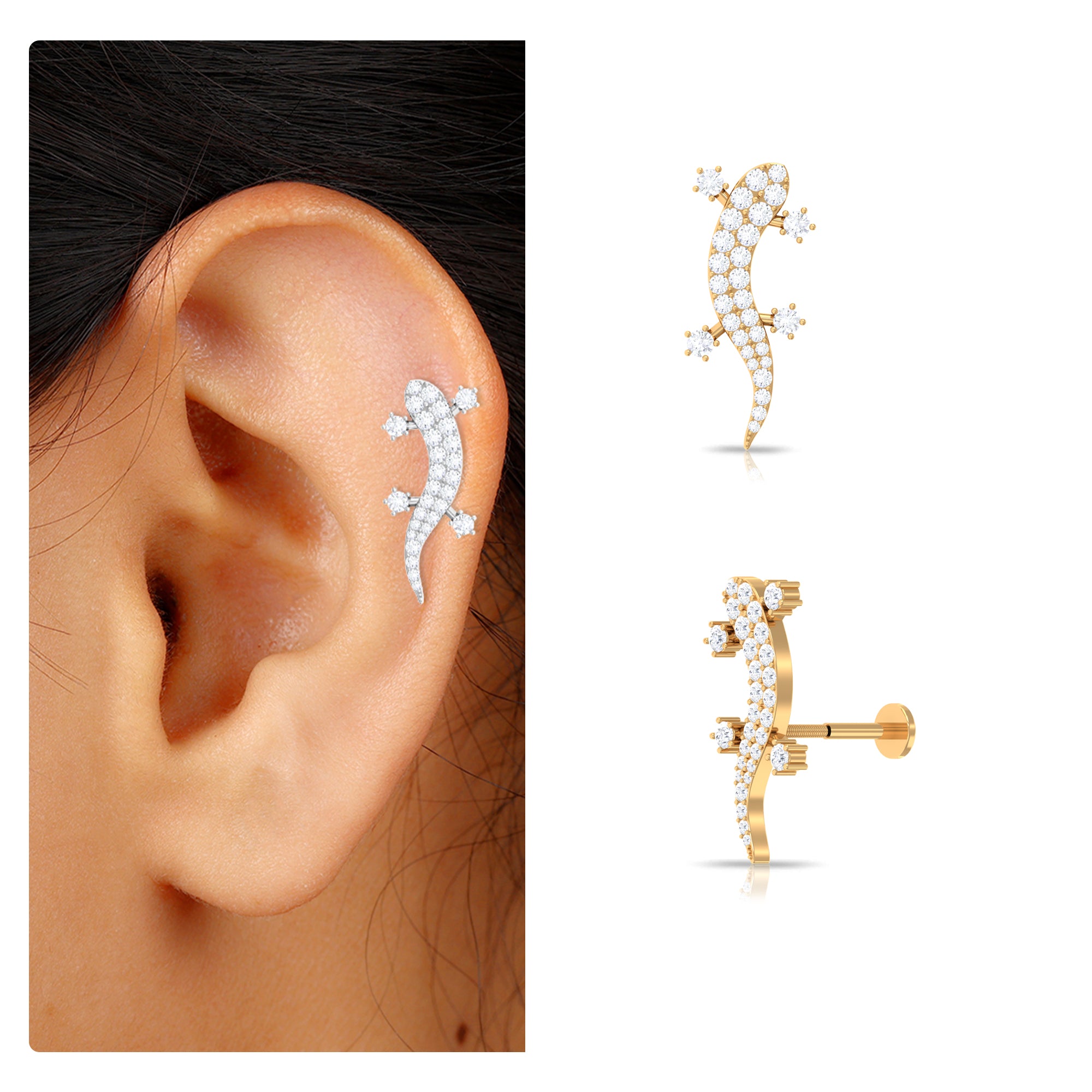 Rosec Jewels-Certified Moissanite Lizard Crawler Earring for Helix Piercing