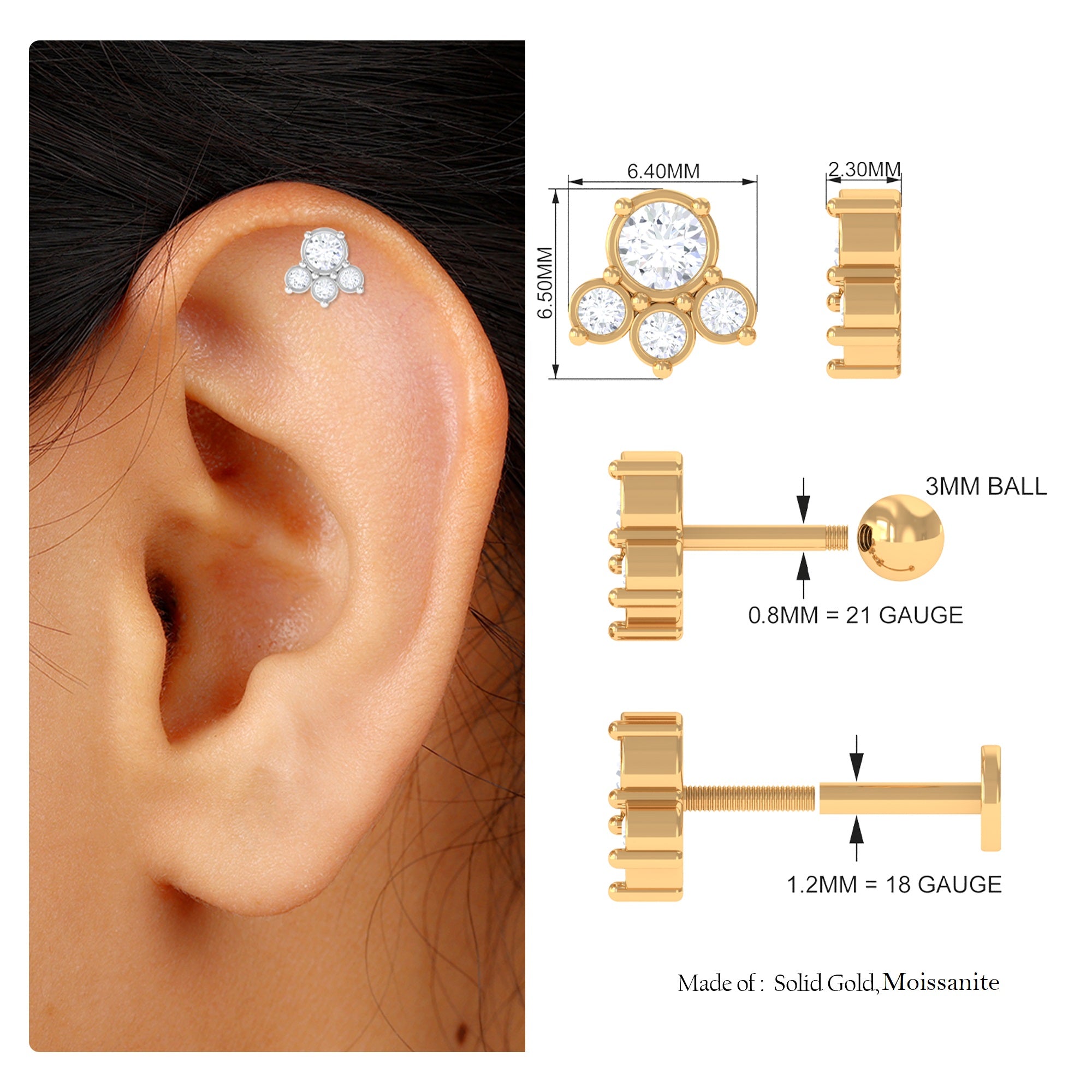 Rosec Jewels-Round Moissanite Cluster Helix Earring in Bezel Setting