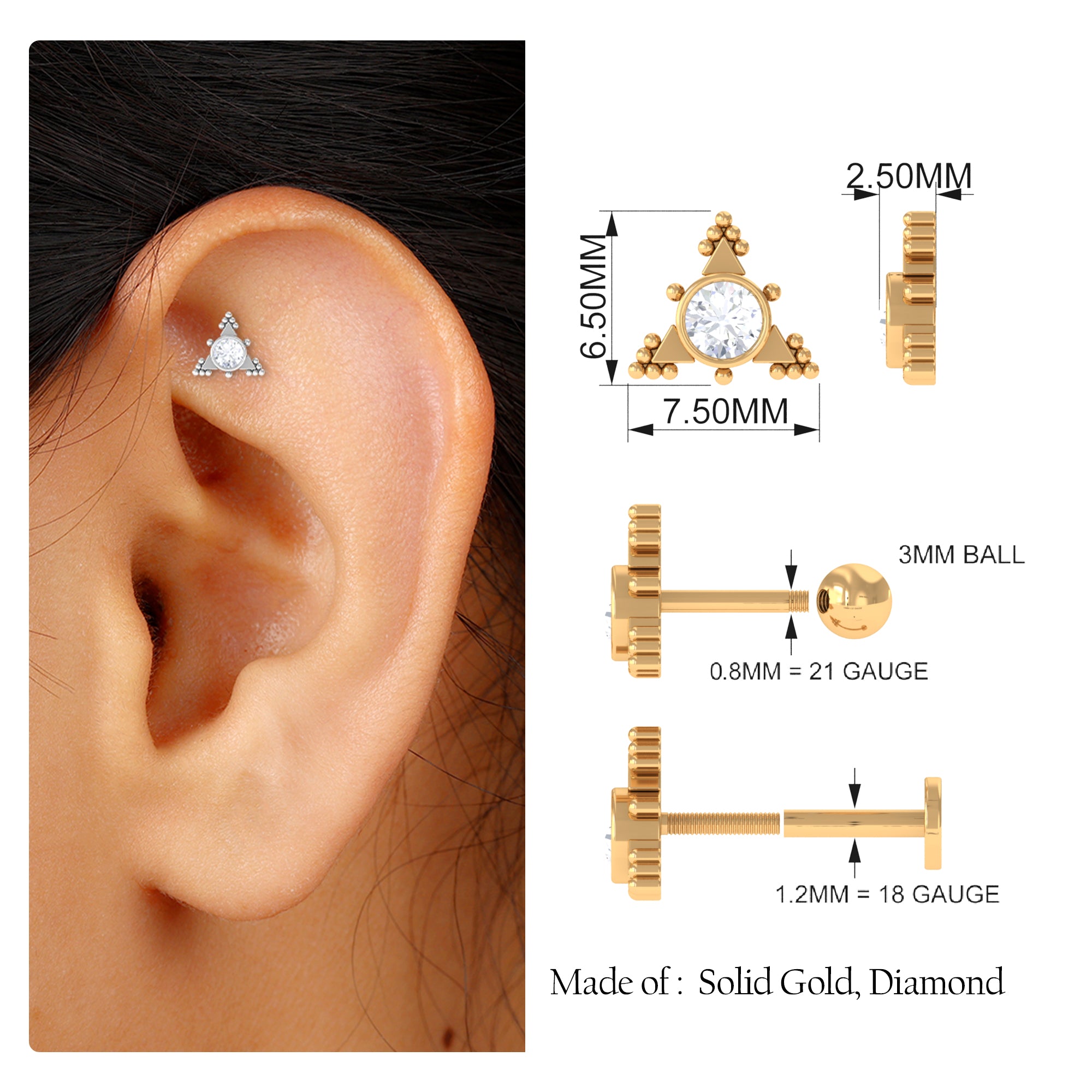 Rosec Jewels-Moissanite Geometric Helix Earring with Gold Beads