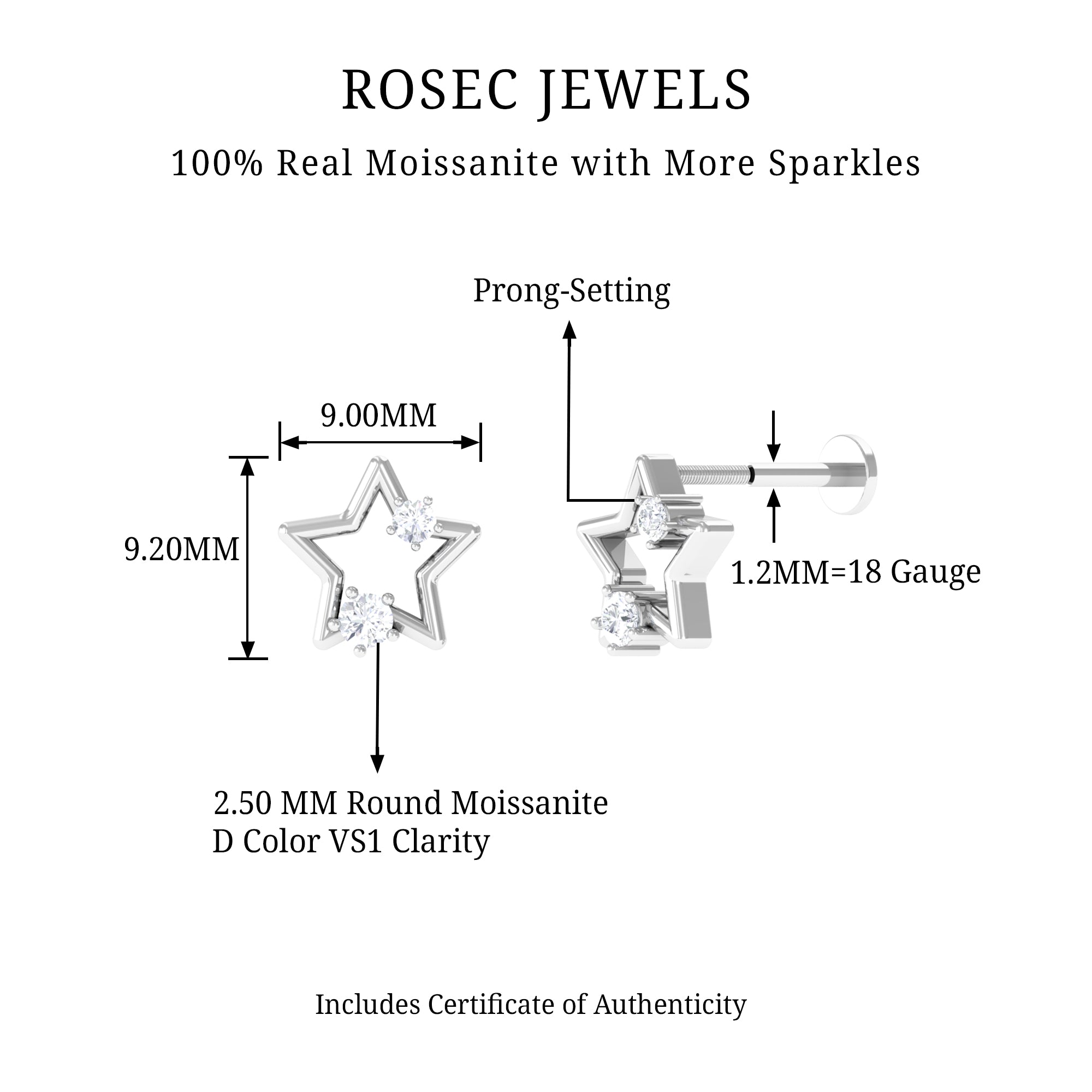 Rosec Jewels-Unique Moissanite Gold Star Upper Lobe Earring