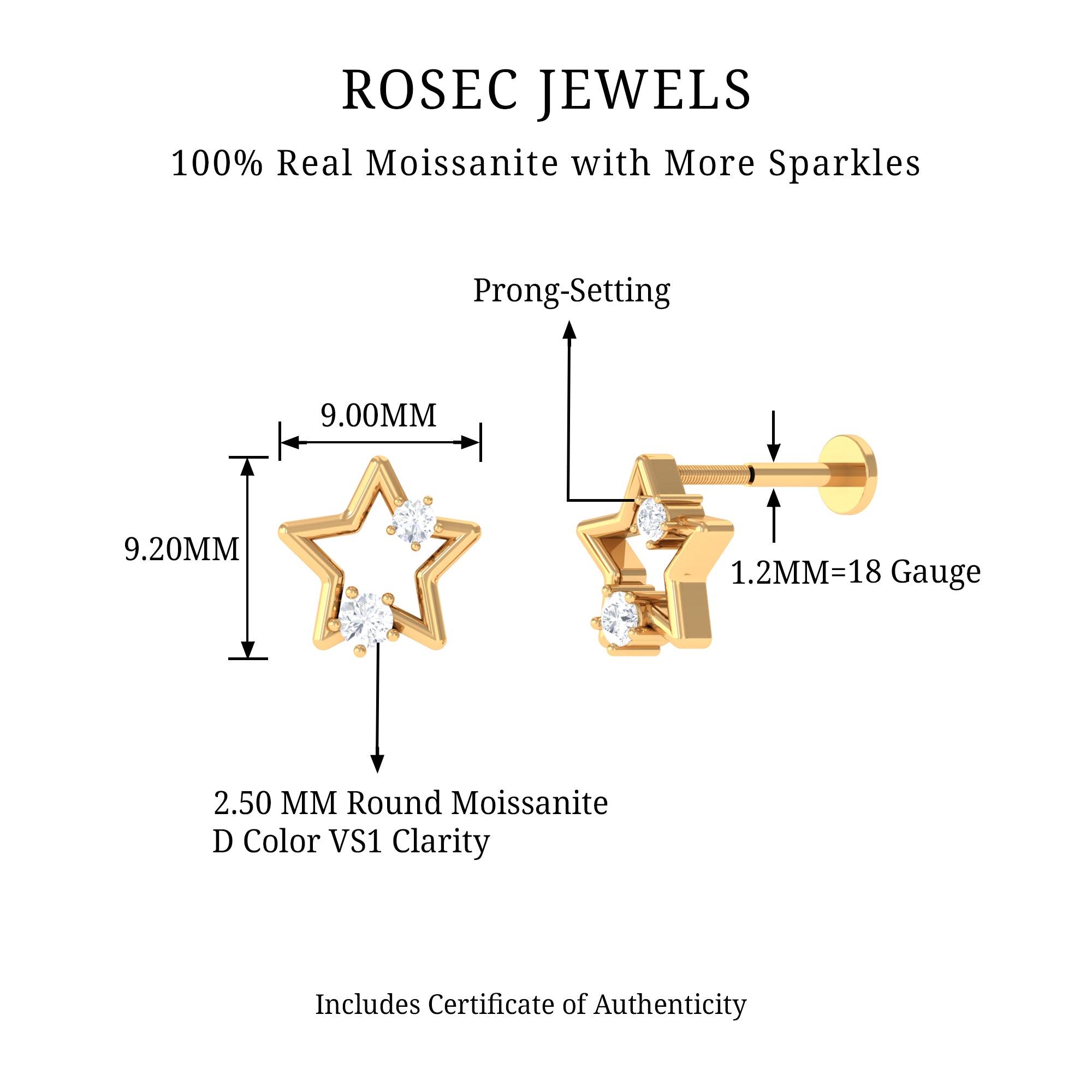 Rosec Jewels-Unique Moissanite Gold Star Upper Lobe Earring