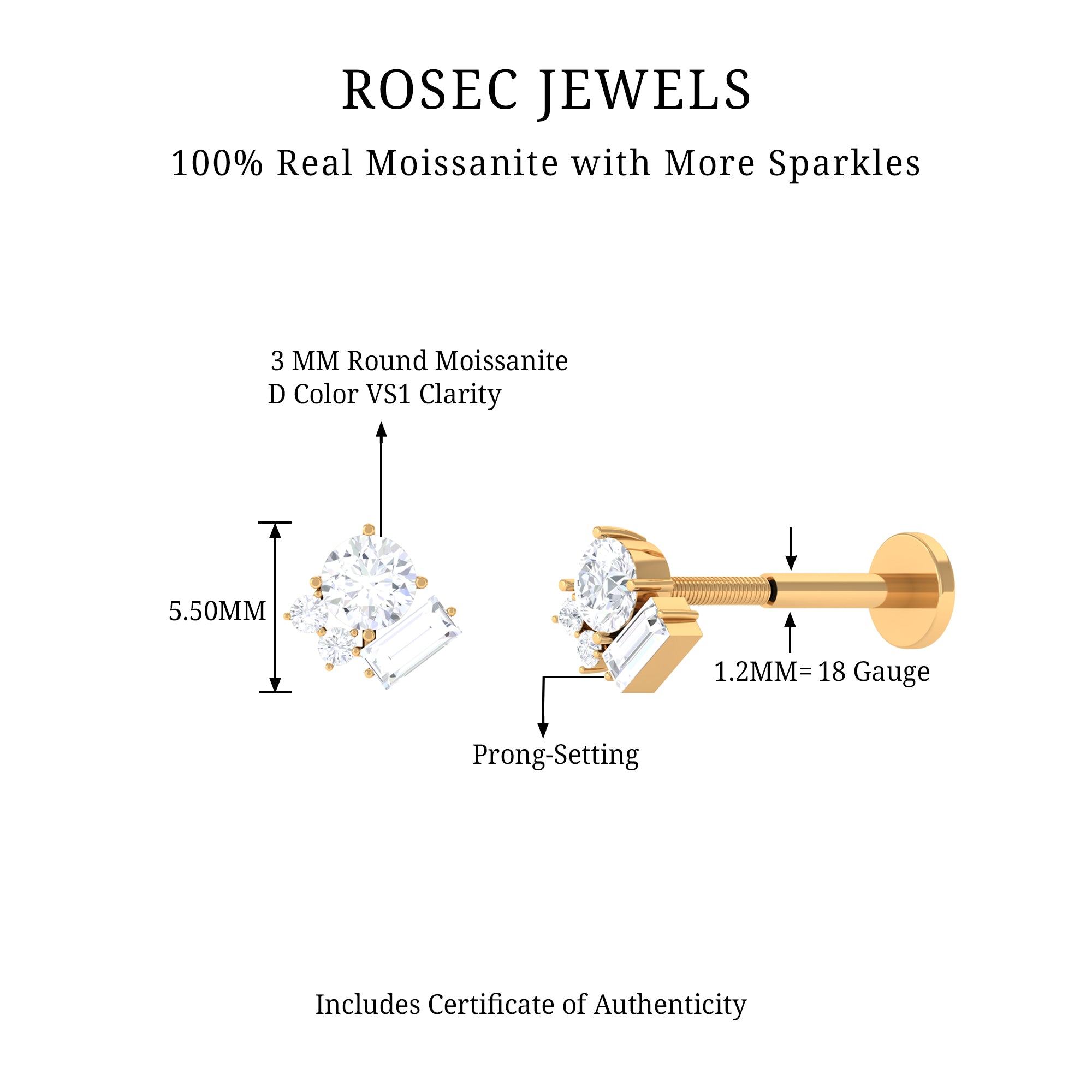 Rosec Jewels-Baguette Moissanite Cluster Tragus Earring in Gold