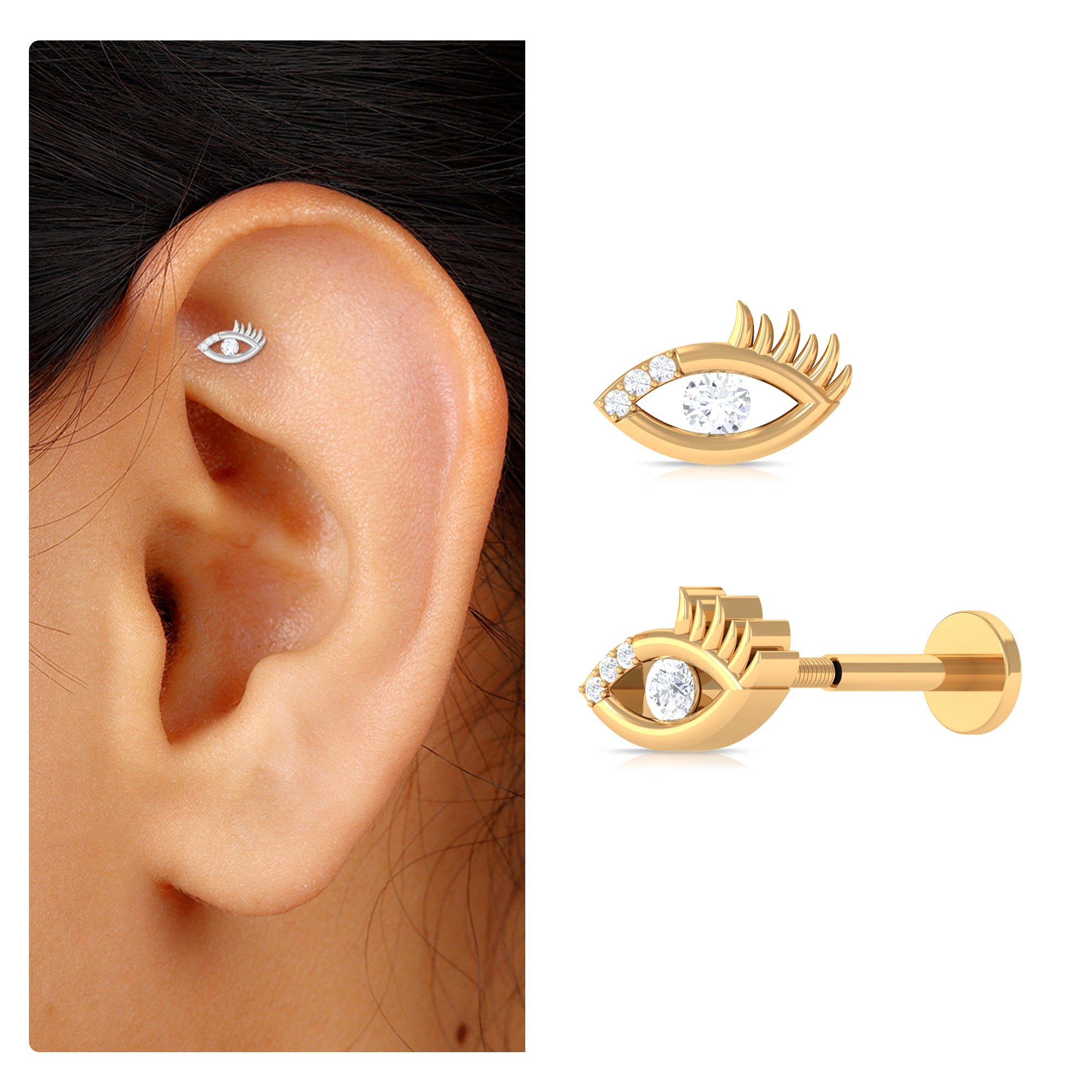 Rosec Jewels-Round Moissanite Gold Evil Eye Cartilage Earring