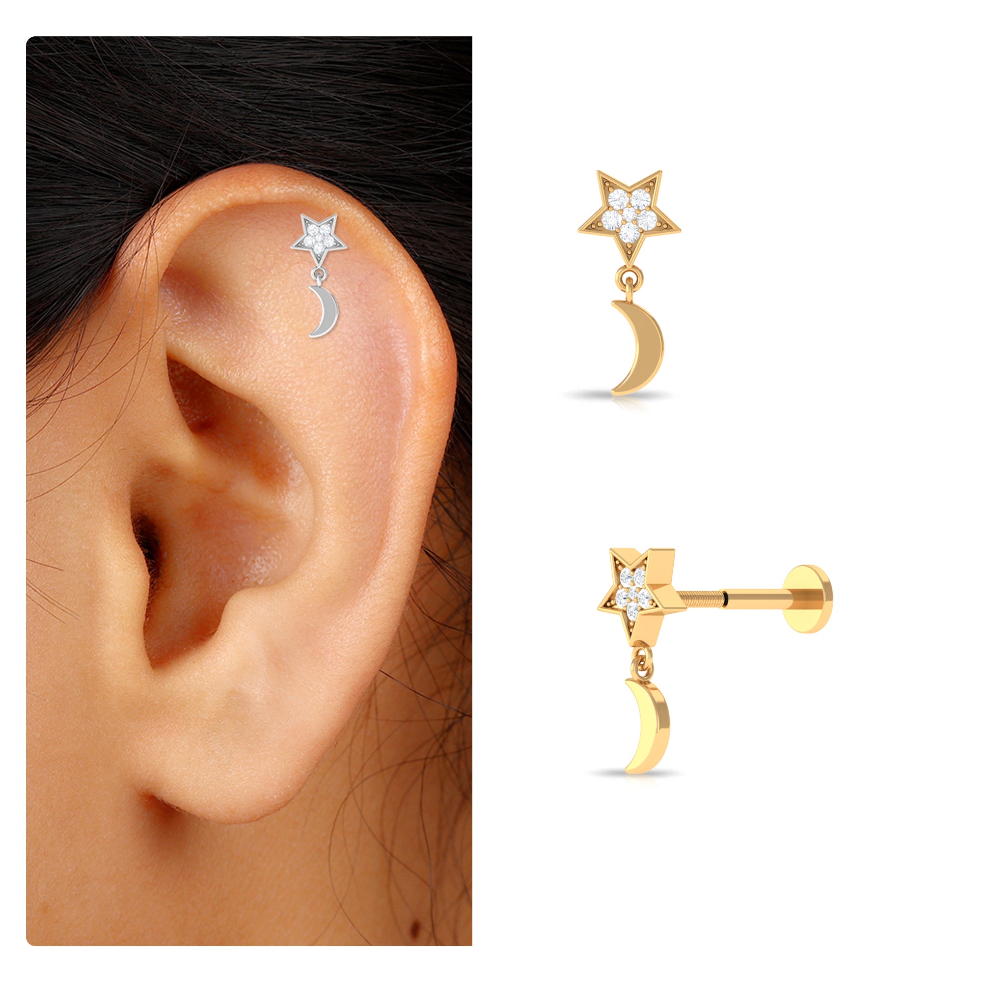 Rosec Jewels-Moissanite Moon and Star Dangle Earring in Gold