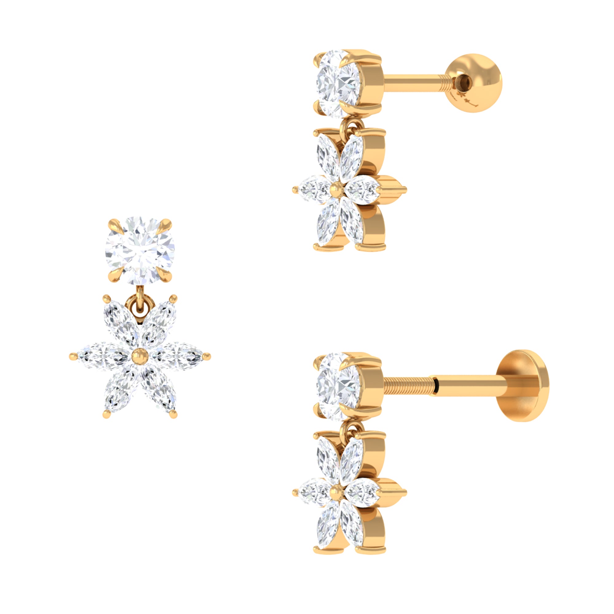 Certified Moissanite Flower Drop Cartilage Earring Moissanite - ( D-VS1 ) - Color and Clarity - Rosec Jewels