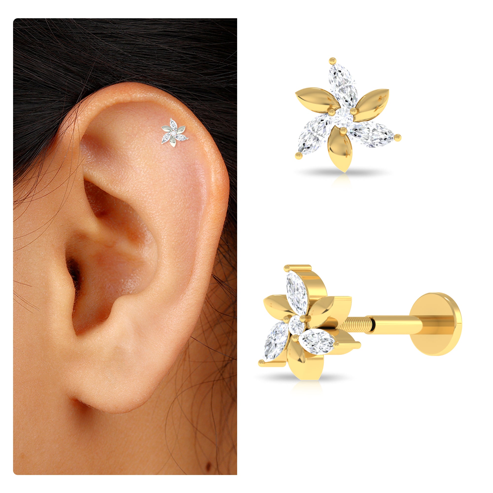 Rosec Jewels-Certified Marquise Moissanite Flower Earring for Helix Piercing