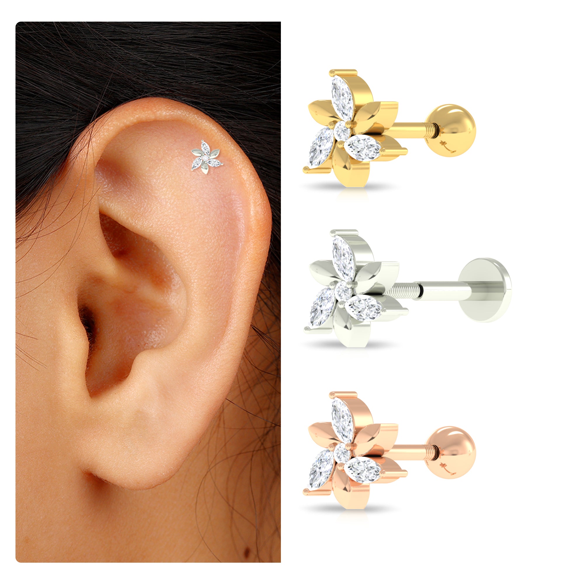 Rosec Jewels-Certified Marquise Moissanite Flower Earring for Helix Piercing