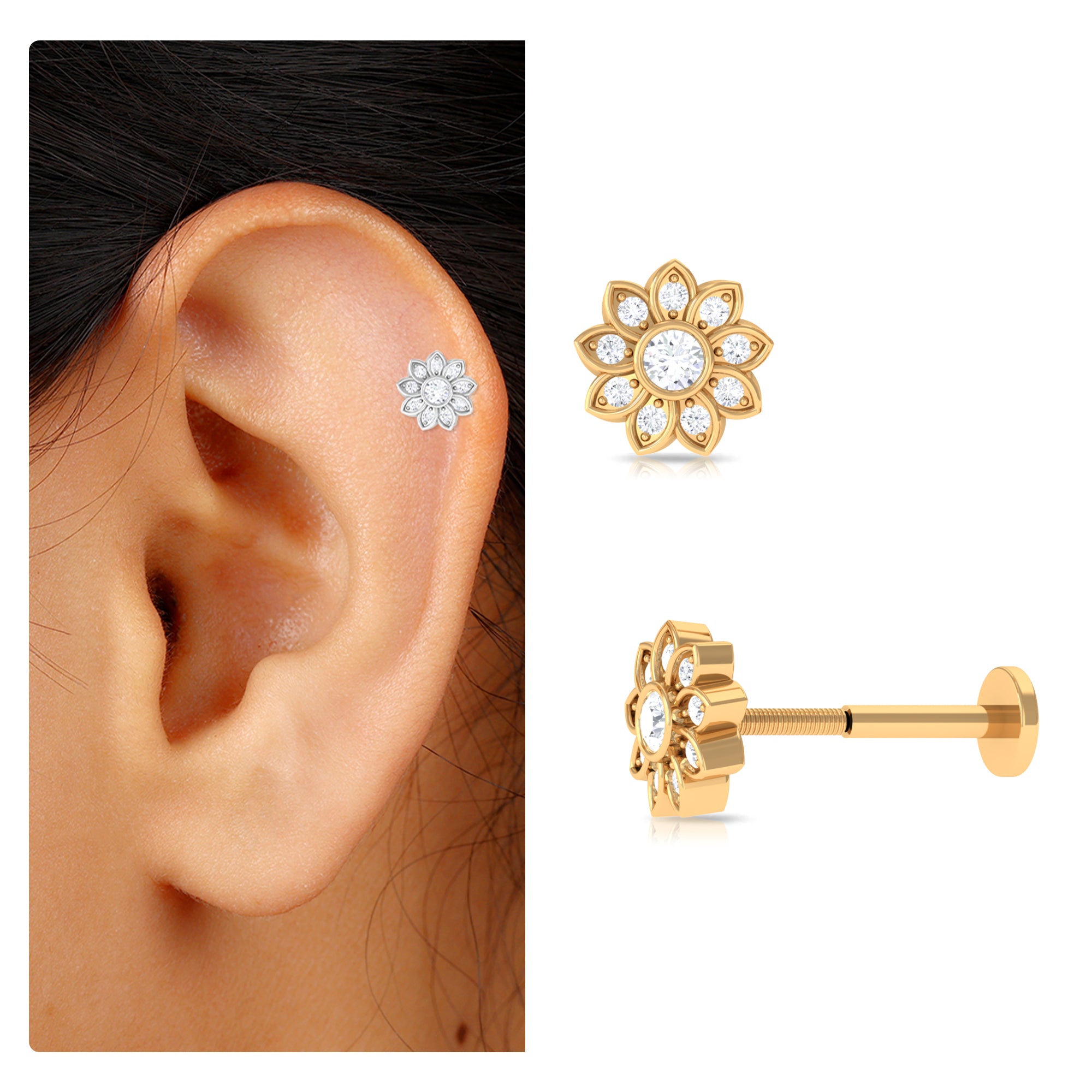 Rosec Jewels-Moissanite Flower Cartilage Earring in Gold