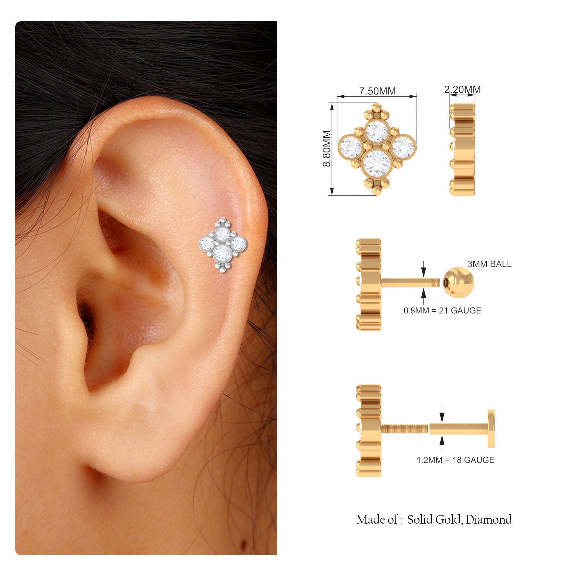 Rosec Jewels-Moissanite Cluster Tragus Earring with Gold Beads