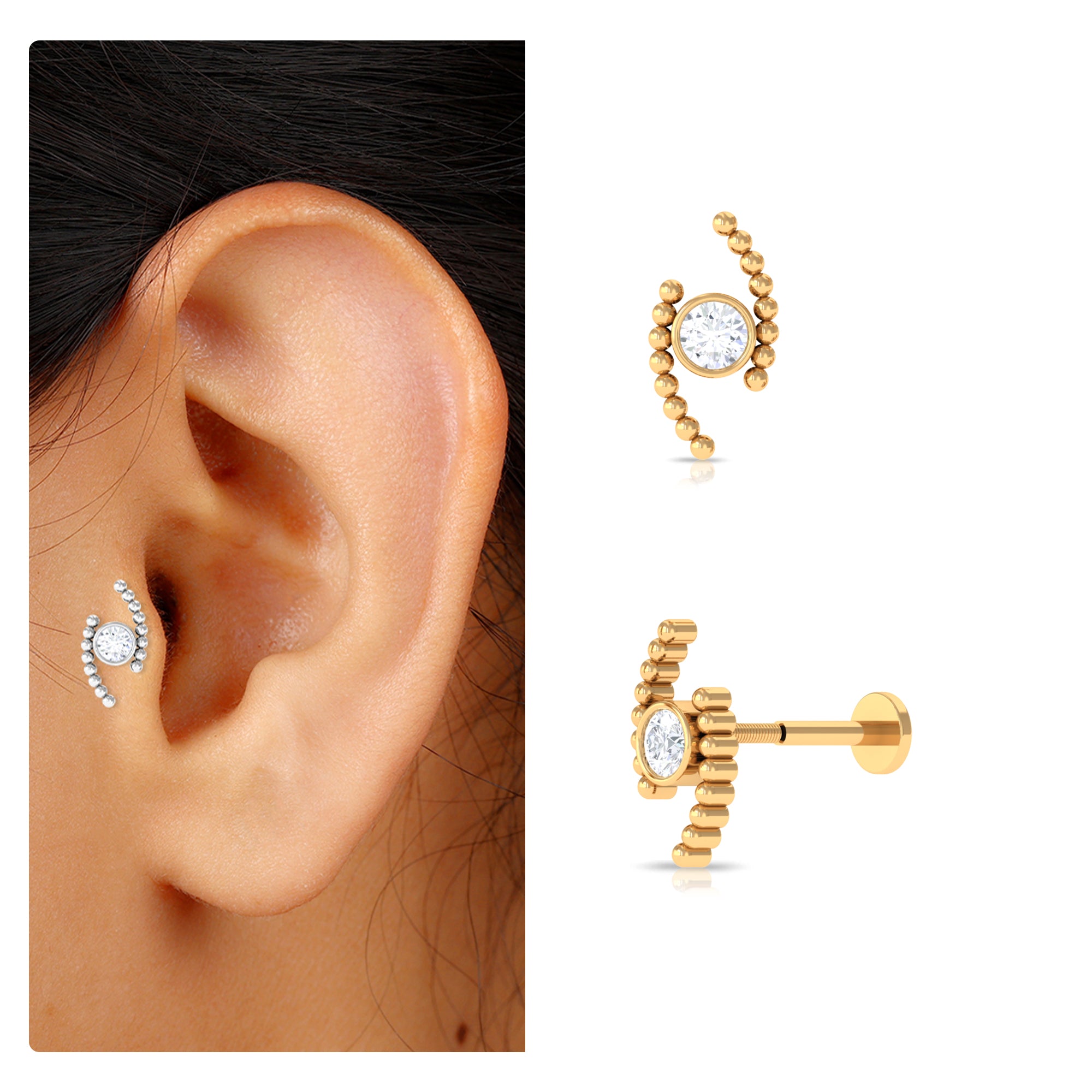 Rosec Jewels-Round Moissanite Cartilage Earring with Gold Beads