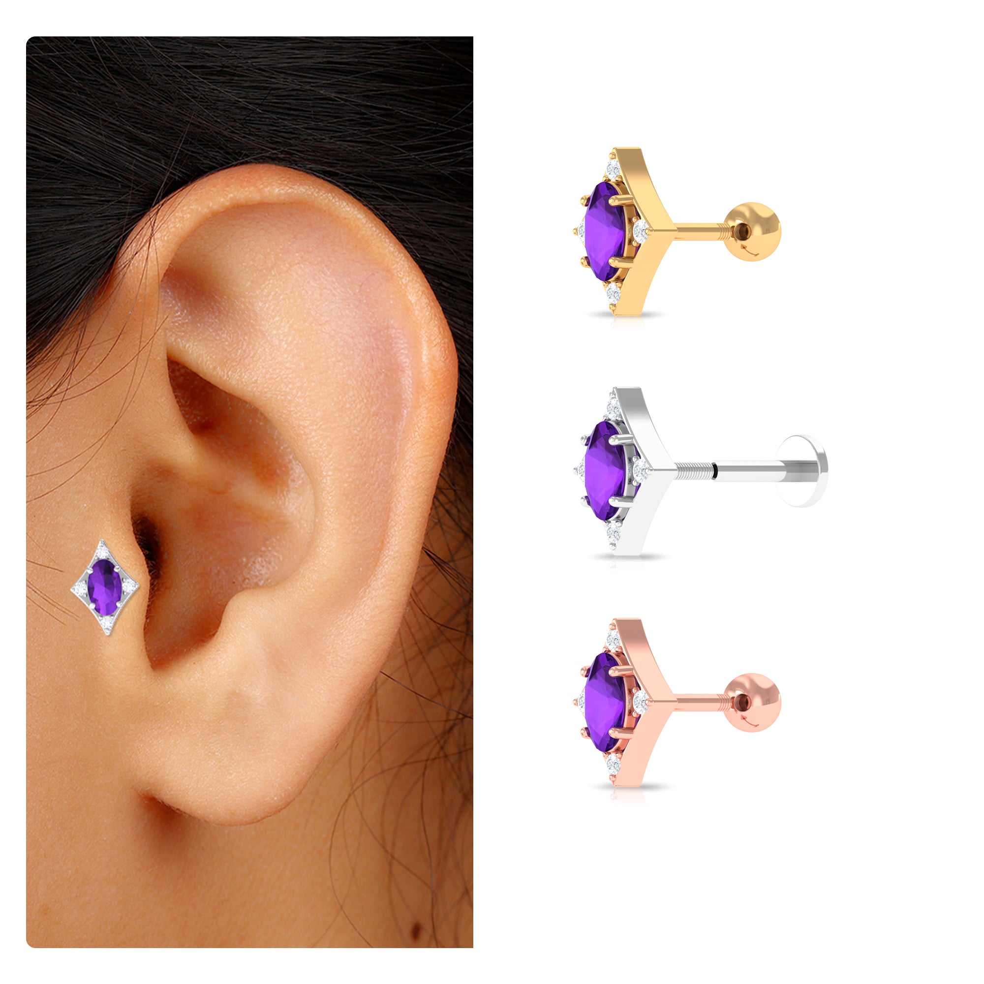 Rosec Jewels-Oval Natural Amethyst Geometric Tragus Earring with Moissanite