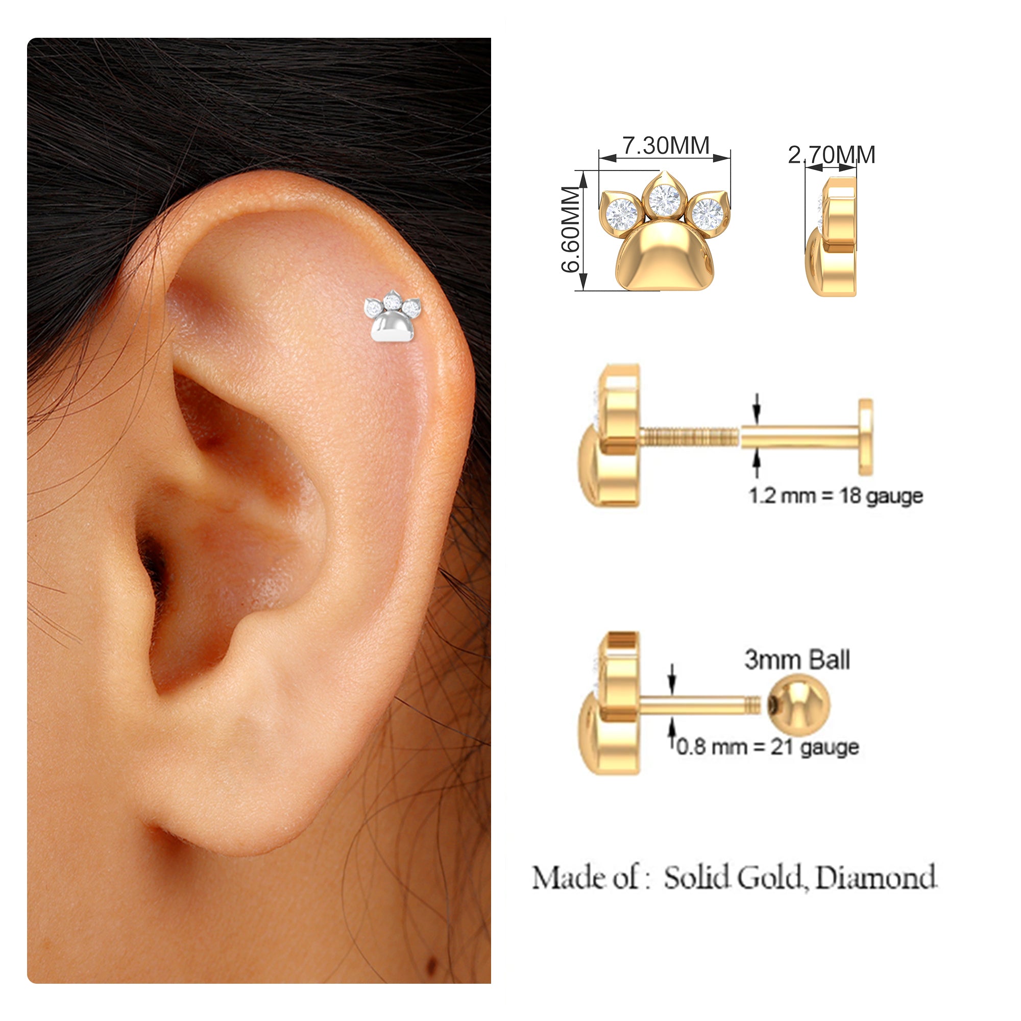 Rosec Jewels-Moissanite Dog Paw Print Helix Earring in Gold