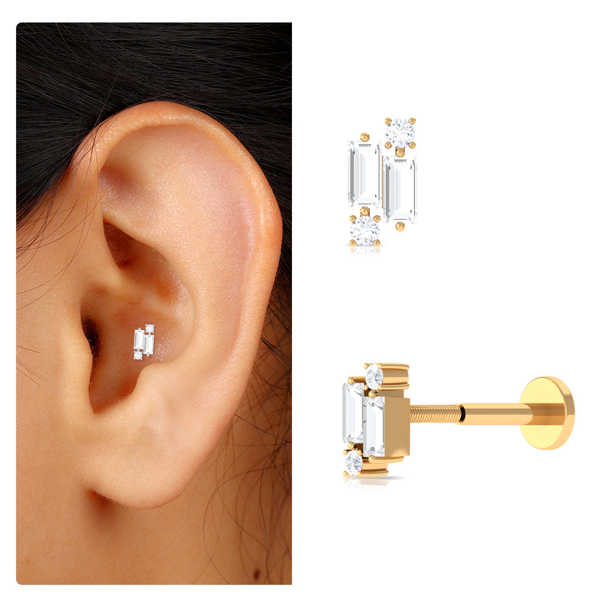 Rosec Jewels-Unique Baguette Moissanite Cluster Earring for Conch Piercing