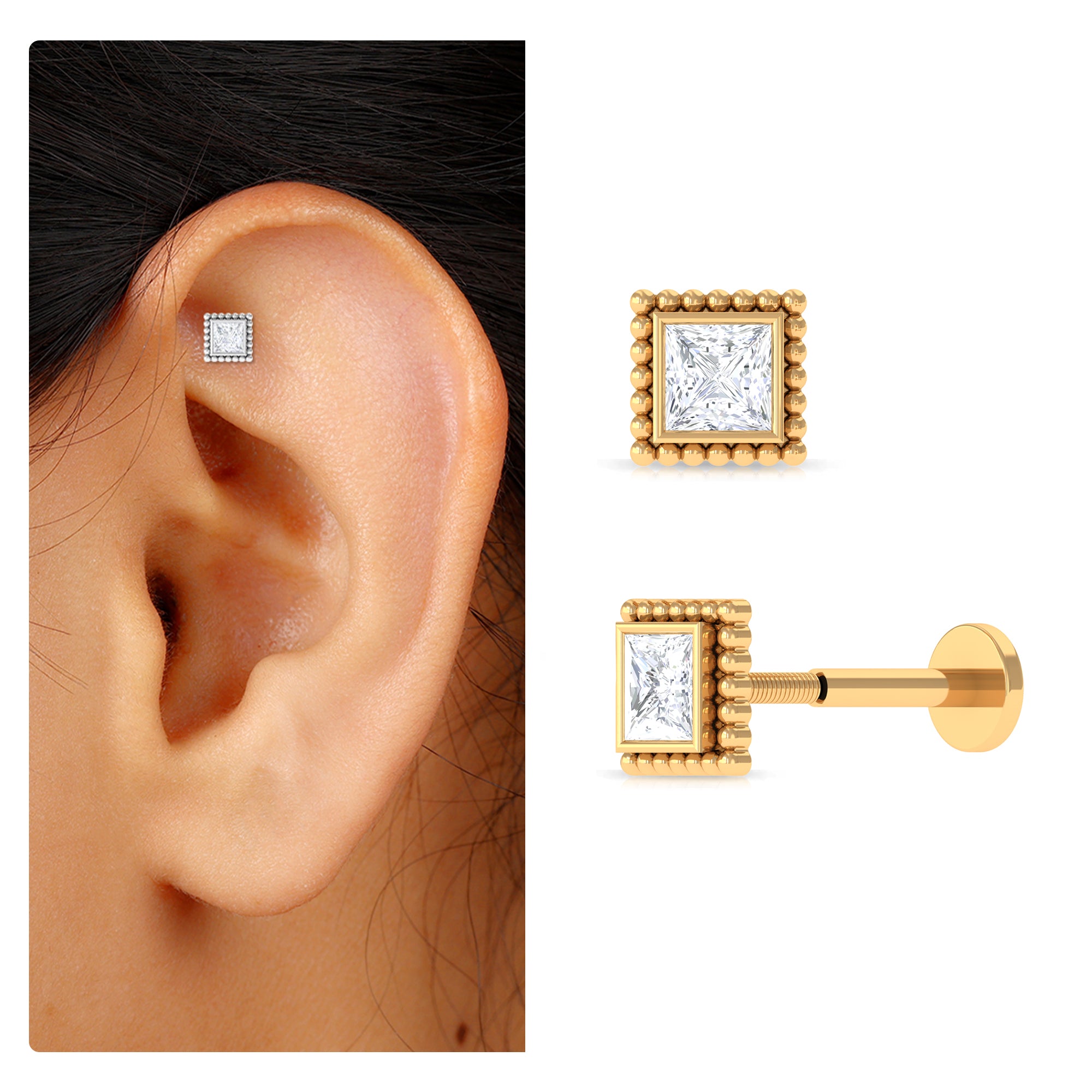 Rosec Jewels-Princess Cut Moissanite Simple Helix Earring in Bezel Setting