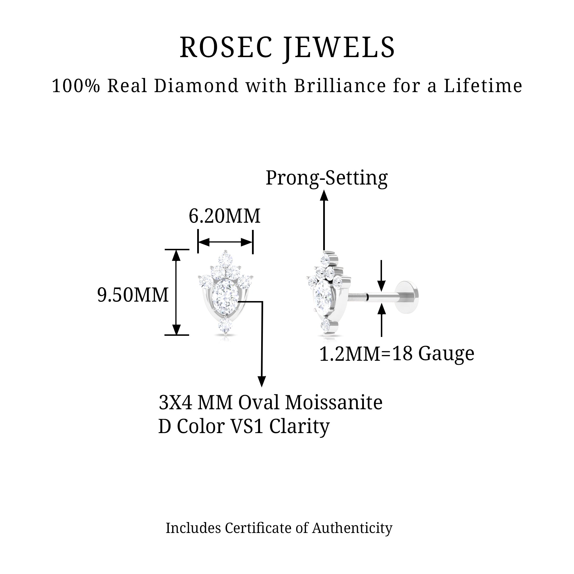 Rosec Jewels-Oval Moissanite Floral Earring for Upper Lobe Piercing